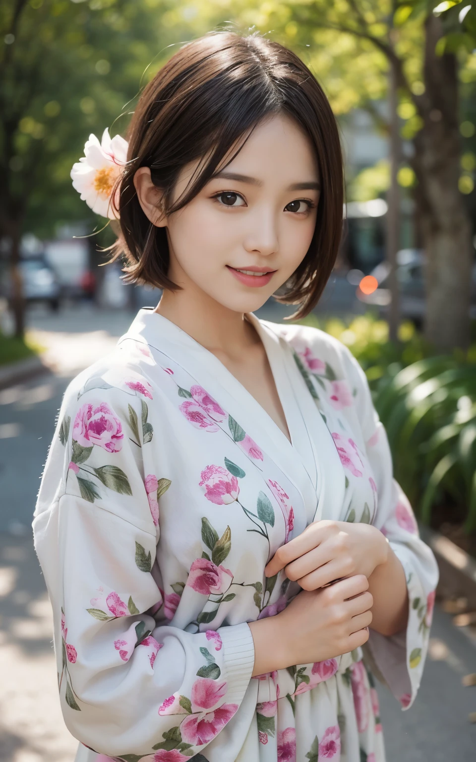 Cute 21 year old Japanese、carnation、carnation畑、Ultra-detailed facial features、Attention to detail、double eyelid、Beautiful thin nose、Sharp Focus:1.2、beauty:1.4、(Light Brown Hair、short hair、)、Pure White Skin、highest quality、masterpiece、Ultra-high resolution、(Photorealistic:1.4)、High definition、nice smile、Cute spring clothes、