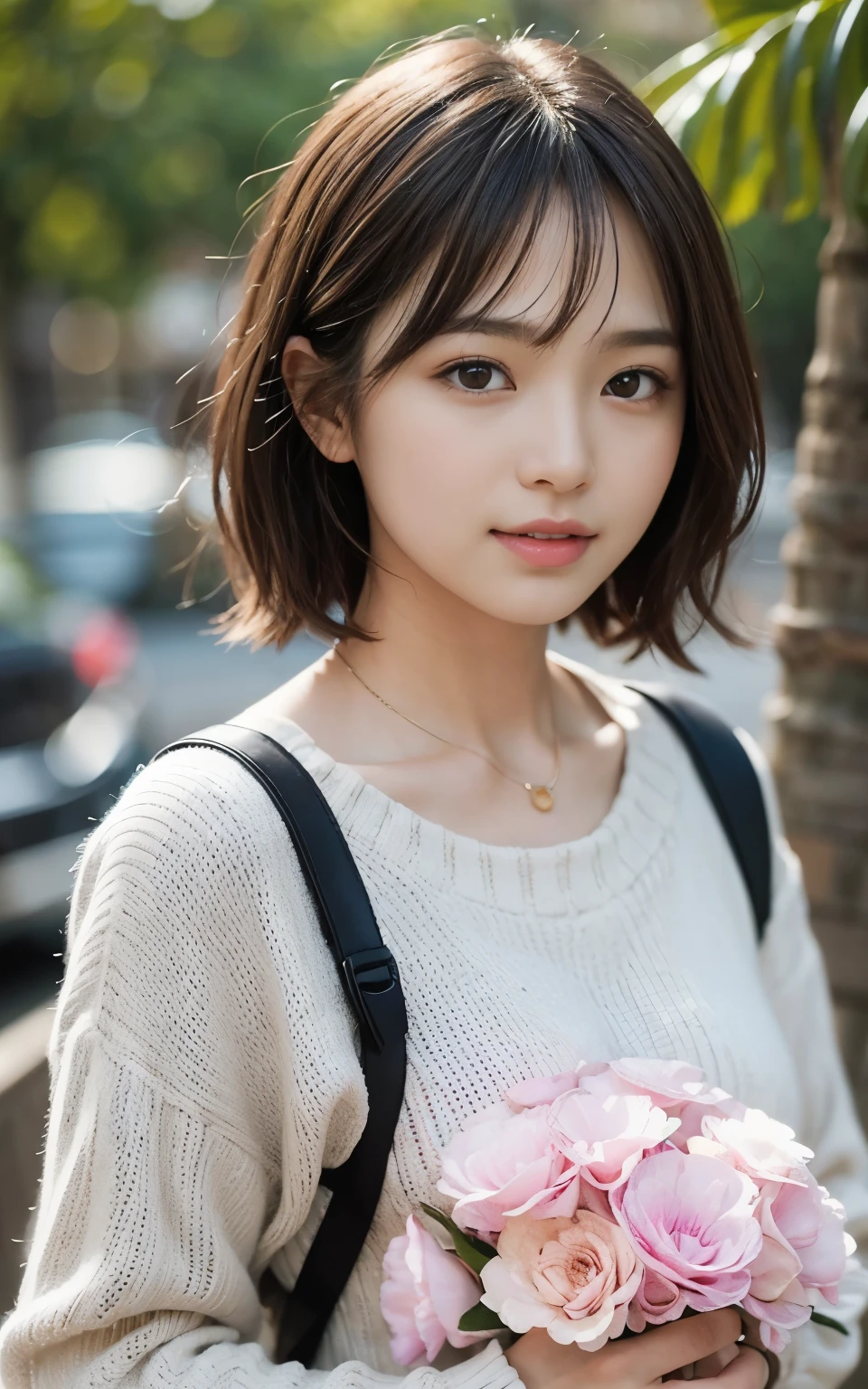 Cute 21 year old Japanese、A lot of carnations、Ultra-detailed facial features、Attention to detail、double eyelid、Beautiful thin nose、Sharp Focus:1.2、beauty:1.4、(Light Brown Hair、short hair、)、Pure White Skin、highest quality、masterpiece、Ultra-high resolution、(Photorealistic:1.4)、High definition、nice smile、Nice spring clothes、