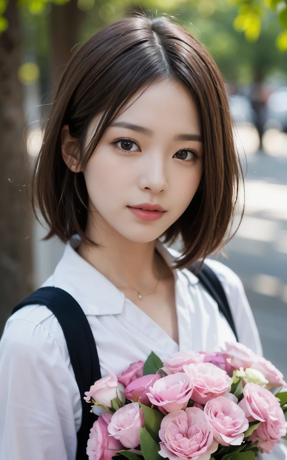 Cute 21 year old Japanese、A lot of carnations、Ultra-detailed facial features、Attention to detail、double eyelid、Beautiful thin nose、Sharp Focus:1.2、beauty:1.4、(Light Brown Hair、short hair、)、Pure White Skin、highest quality、masterpiece、Ultra-high resolution、(Photorealistic:1.4)、High definition、nice smile、Nice spring clothes、