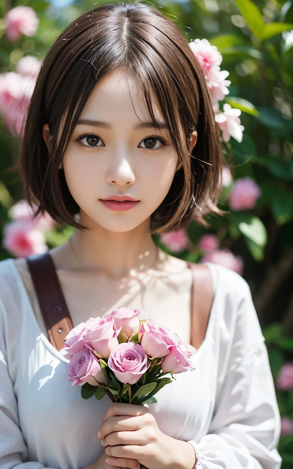 Cute 21 year old Japanese、A lot of carnations、Ultra-detailed facial features、Attention to detail、double eyelid、Beautiful thin nose、Sharp Focus:1.2、beauty:1.4、(Light Brown Hair、short hair、)、Pure White Skin、highest quality、masterpiece、Ultra-high resolution、(Photorealistic:1.4)、High definition、nice smile、Cute spring clothes、