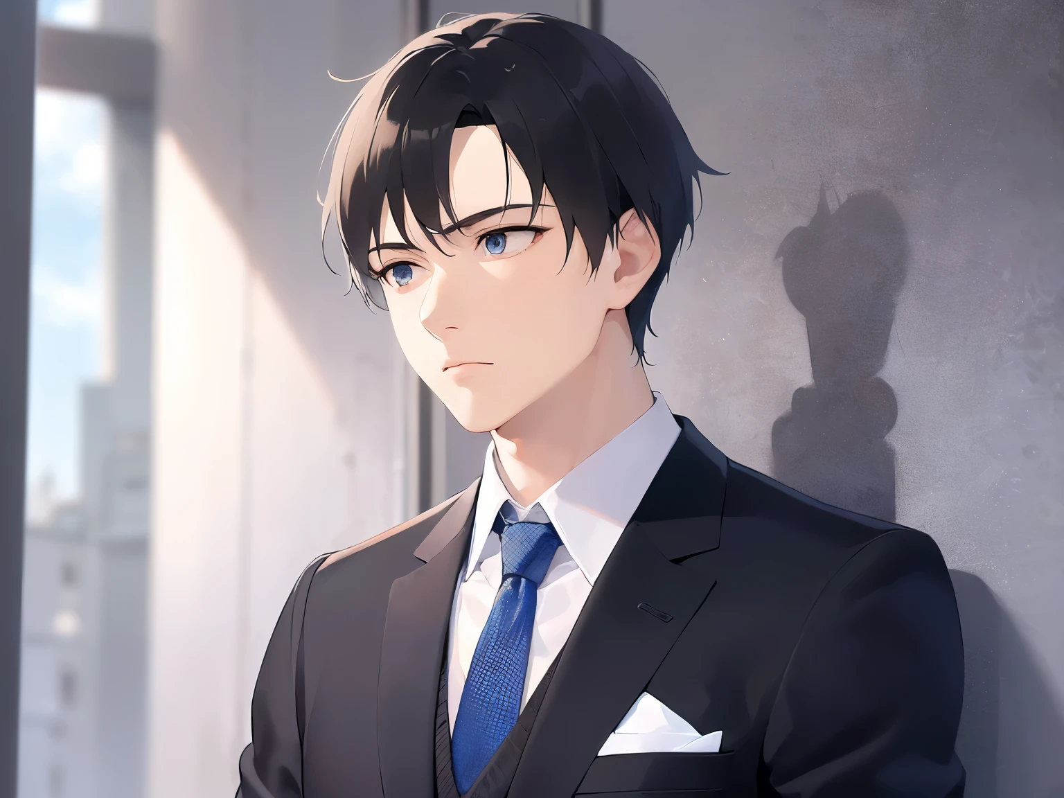 side angle, (looking away:1.5), upper body、masterpiece、highest quality、(25-year-old male:1.5) and (Black short hair) and (blue eyes), (Wearing a suit:1.5) and (White collared shirt) and (Blue tie)、Sitting、Serious expression、The background is the office、(Alone:1.5)