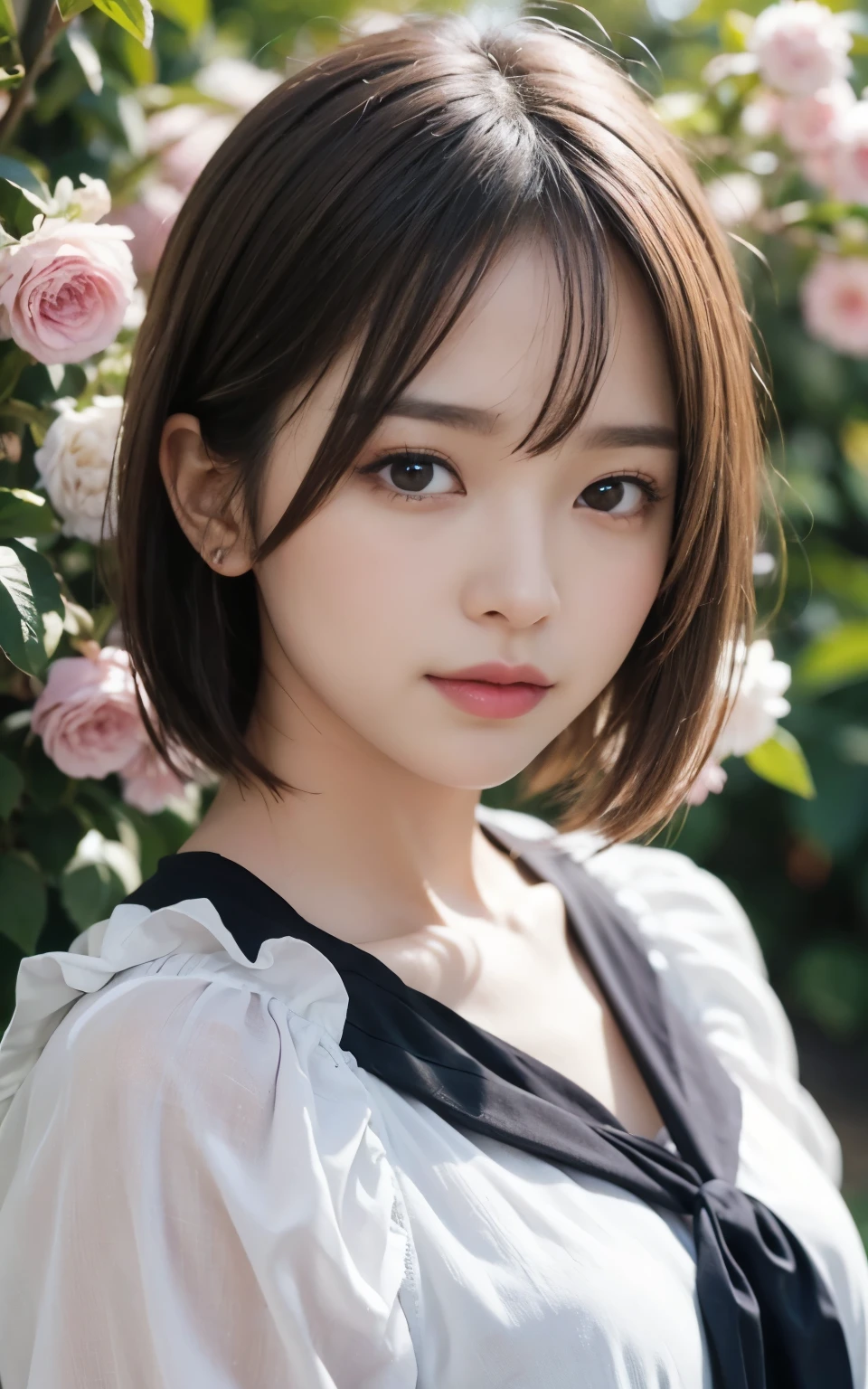 Cute 21 year old Japanese、A lot of carnations、Ultra-detailed facial features、Attention to detail、double eyelid、Beautiful thin nose、Sharp Focus:1.2、beauty:1.4、(Light Brown Hair、short hair、)、Pure White Skin、highest quality、masterpiece、Ultra-high resolution、(Photorealistic:1.4)、High definition、nice smile、Cute spring clothes、