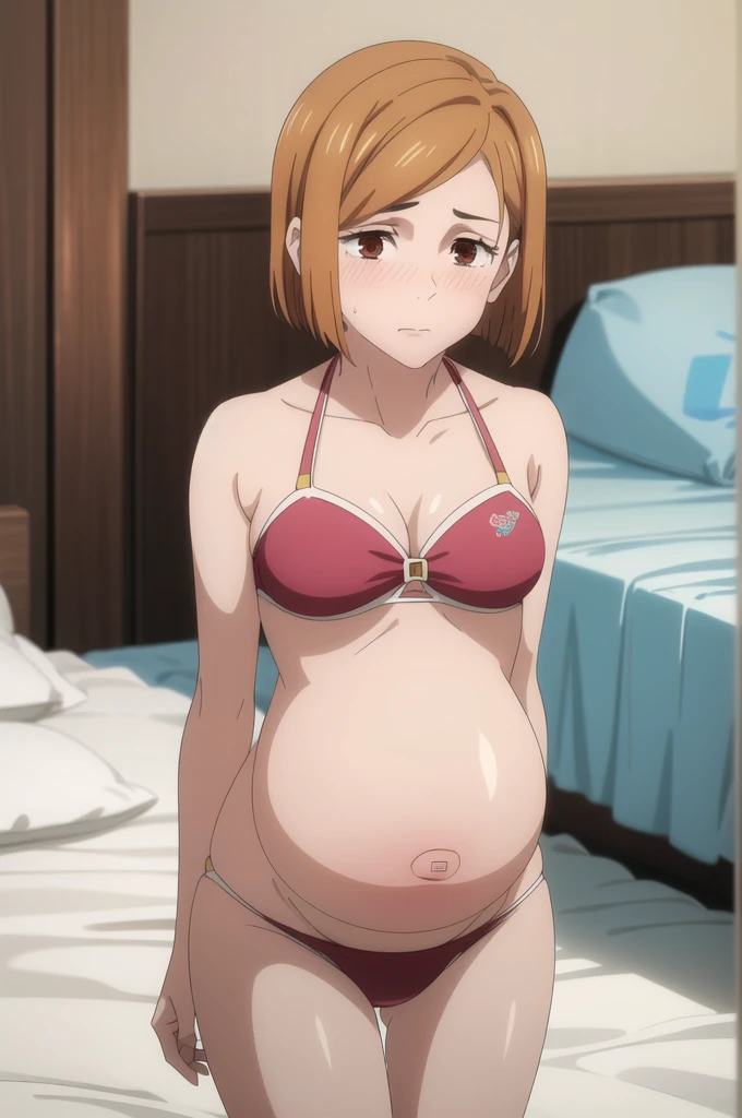 1girl, anime, chubby, hentai, white skin, short clothes, striped socks, long red hair, pink bra, thong panties, holding lollipop, biting lips, piercing gaze,