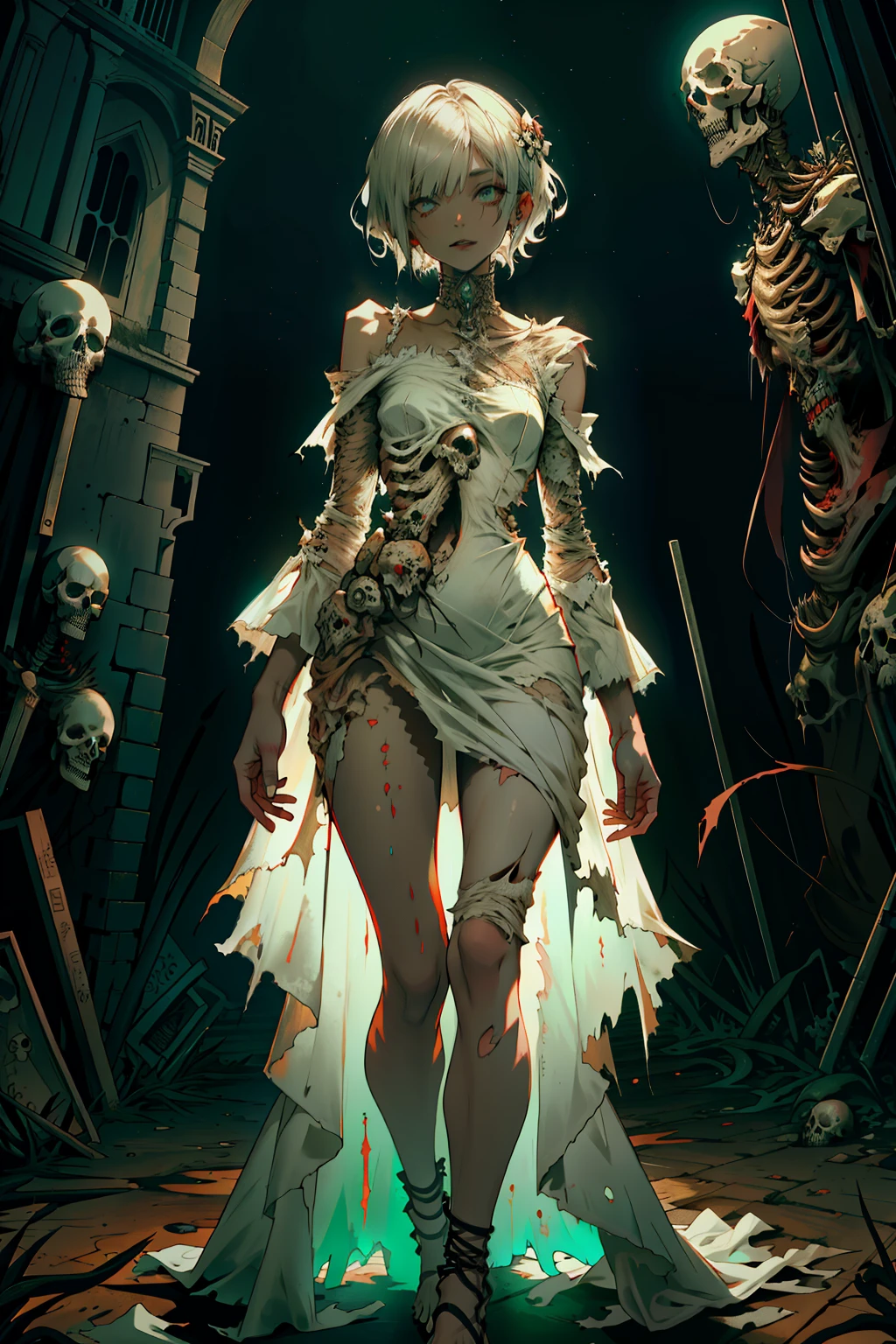 , living Dead , living Dead girl , short hair , torn long dress , living Dead girl , Whole body , living Dead , Long torn white dress , Long and wide dress , at night , Torn dress , living Dead features , sexual body , sexual , She stands directly in front of the viewer, with hands down