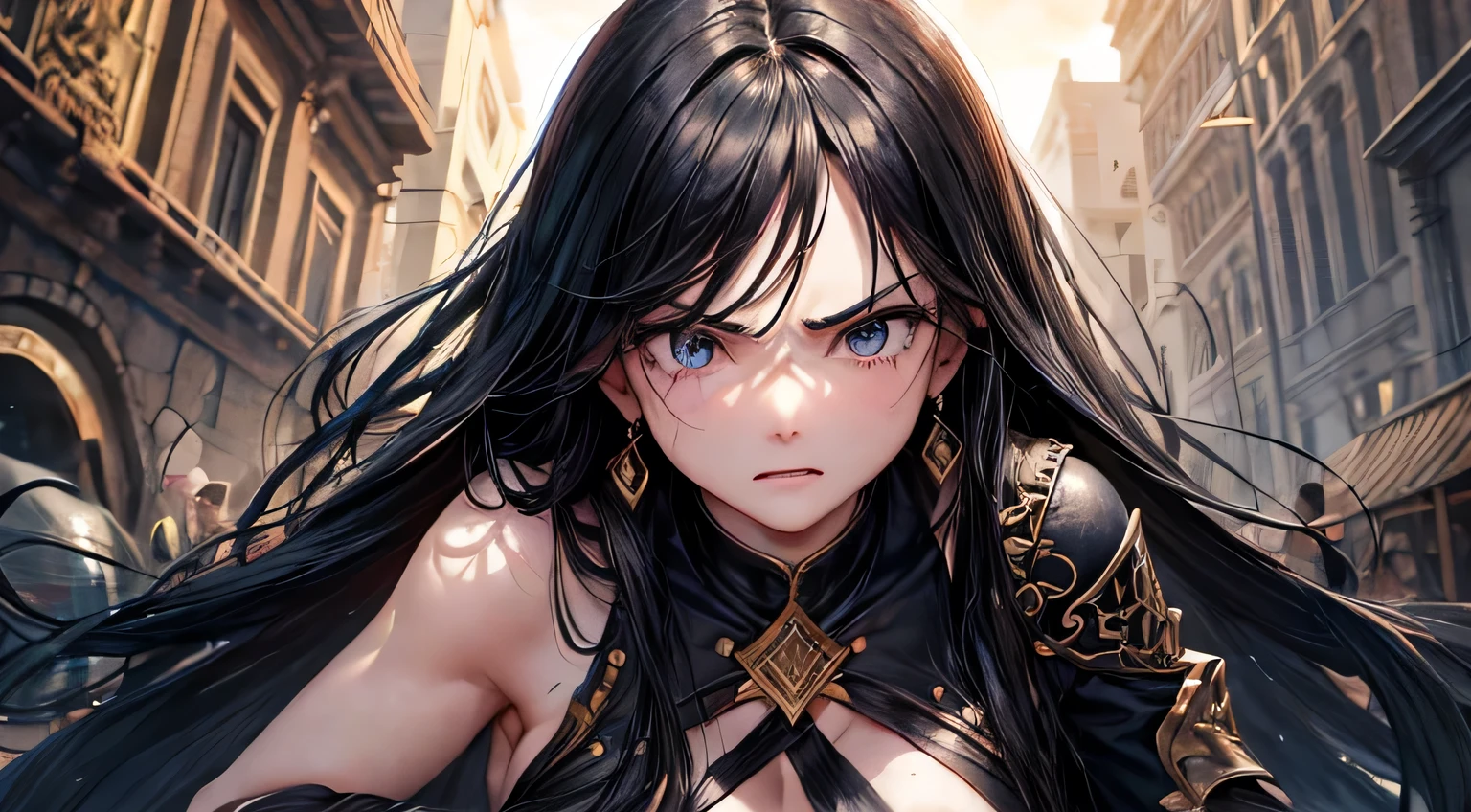 (oil, masterpiece, highest quality, Super detailed, Focus on the characters), Long black hair, ([return:0.8]|[ face facing returnwards:1.1]), Angry face,Micro Bikini,Heavy metal elements, ([Hot scenario:1.2]|[ ground:1.3]| [High Contrast:1.1])  