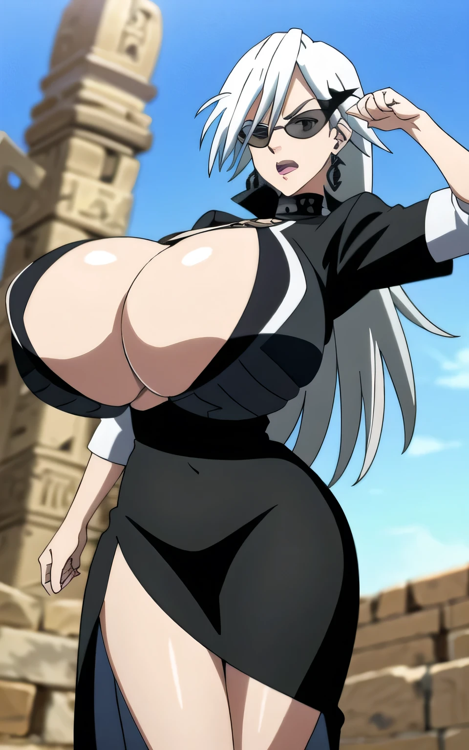 gigantic breasts,wear black glasses,ancient egype dress,sexy,angry,underboobs