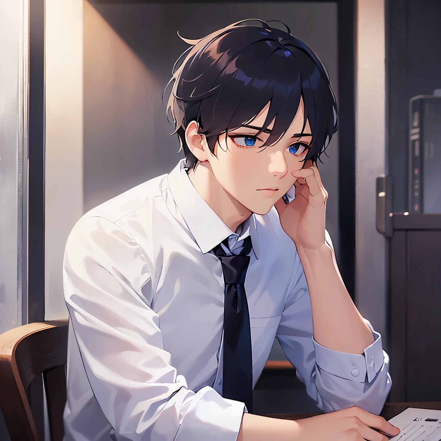 Beautiful face、side angle, (looking away:1.5), upper body、masterpiece、highest quality、(25-year-old male:1.5) and (Black short hair) and (blue eyes), (Wearing a suit:1.5) and (White collared shirt) and (Blue tie)、Sitting、Serious expression、The background is the office、(Alone:1.5)