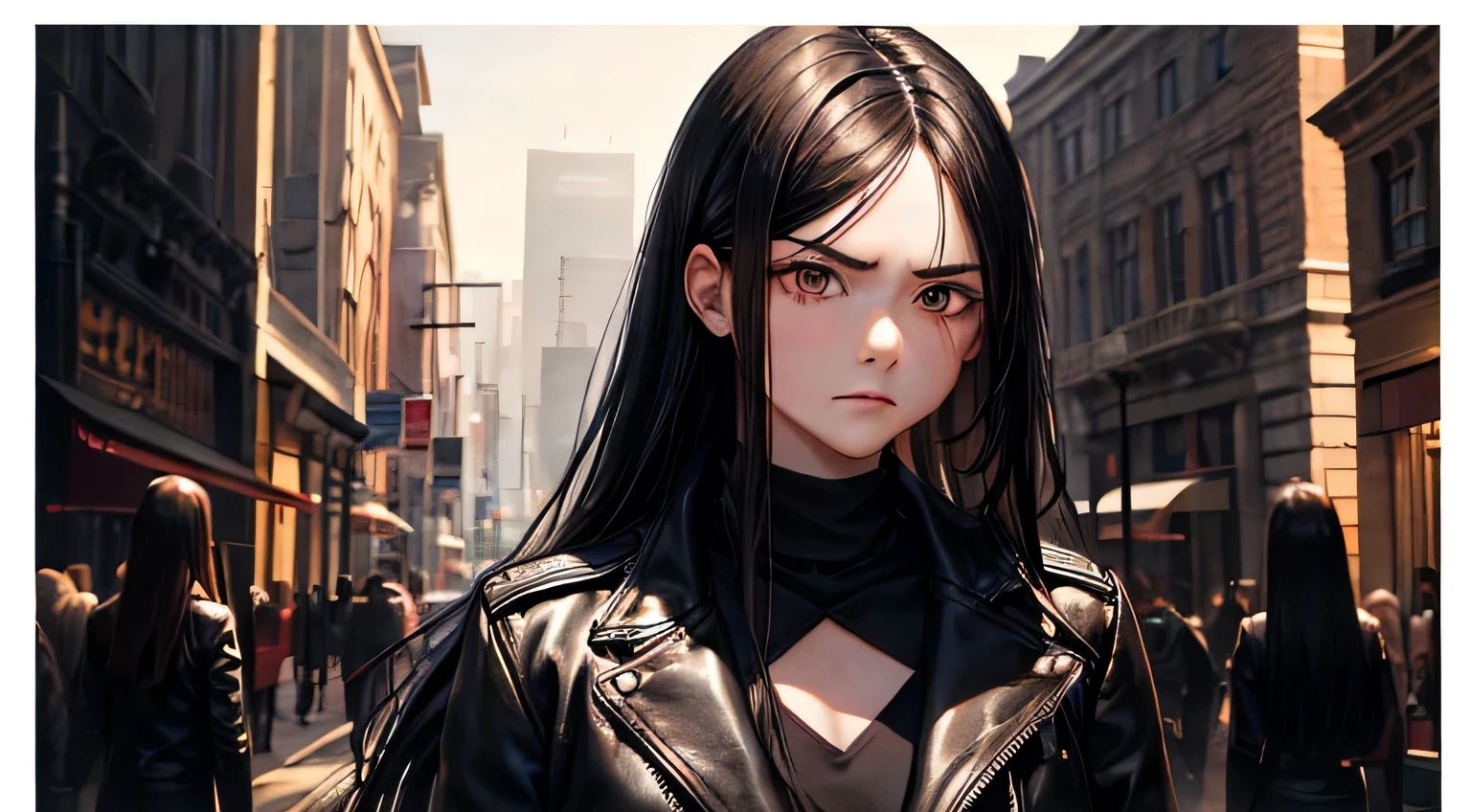 (oil, masterpiece, highest quality, Super detailed, Focus on the characters), Long black hair, ([return:0.8]|[ face facing returnwards:1.1]), Angry face,Leather jacket, ([Hot scenario:1.2]|[ ground:1.3]| [High Contrast:1.1])  