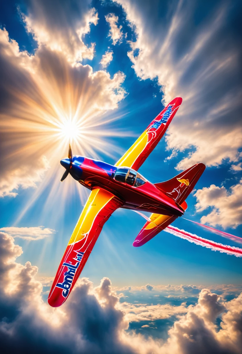 The picture shows a dynamically flying Red Bull Zivko Edge 540 looping and trailing vapour trails, cloudy, sunny, blue sky, backlight, glistening light,
