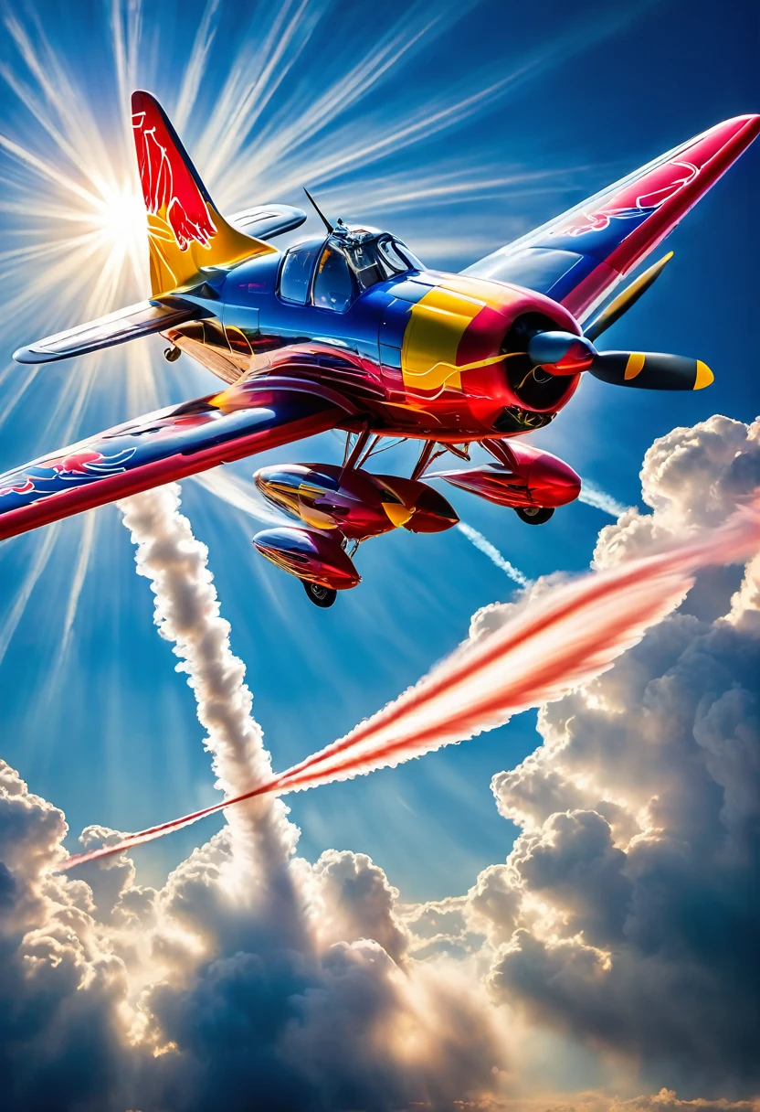 The picture shows a dynamically flying Red Bull Zivko Edge 540 looping and trailing vapour trails, cloudy, sunny, blue sky, backlight, glistening light,