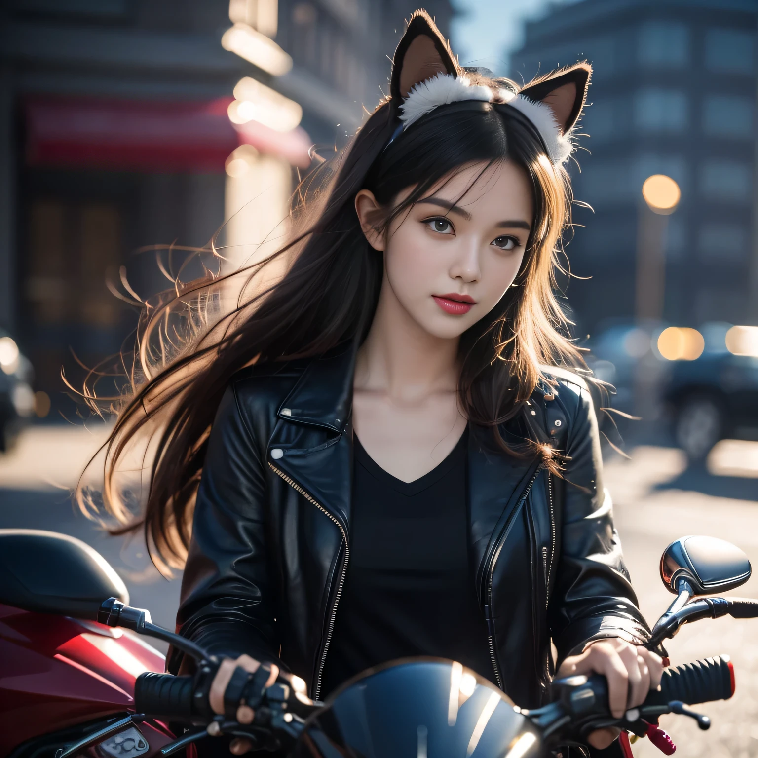 black hair, hair bobbles, wince, longeyelashes, solid circle eyes, fake animal ears, light smile, ear blush, fang, Surrealism, drop shadow, anaglyph, stereogram, tachi-e, pov, atmospheric perspective, 8k, super detail, ccurate, best quality, award winning, best quality, highres, high quality, high details, super detail, anatomically correct, textured skin, ccurate, masterpiece, retina, UHD,A man in a leather jacket、Woman wearing helmet sitting on motorcycle, Sitting on a cyberpunk motorcycle, background artwork, Beautiful digital art work, Style Numbers, epic digital art illustration, Digital illustration style, 4K Fine Digital Art, 4k detailed digital art, 4k hd wallpaper illustration, Deviantart Art StationCGSCOSIETY, Stunning digital illustrations