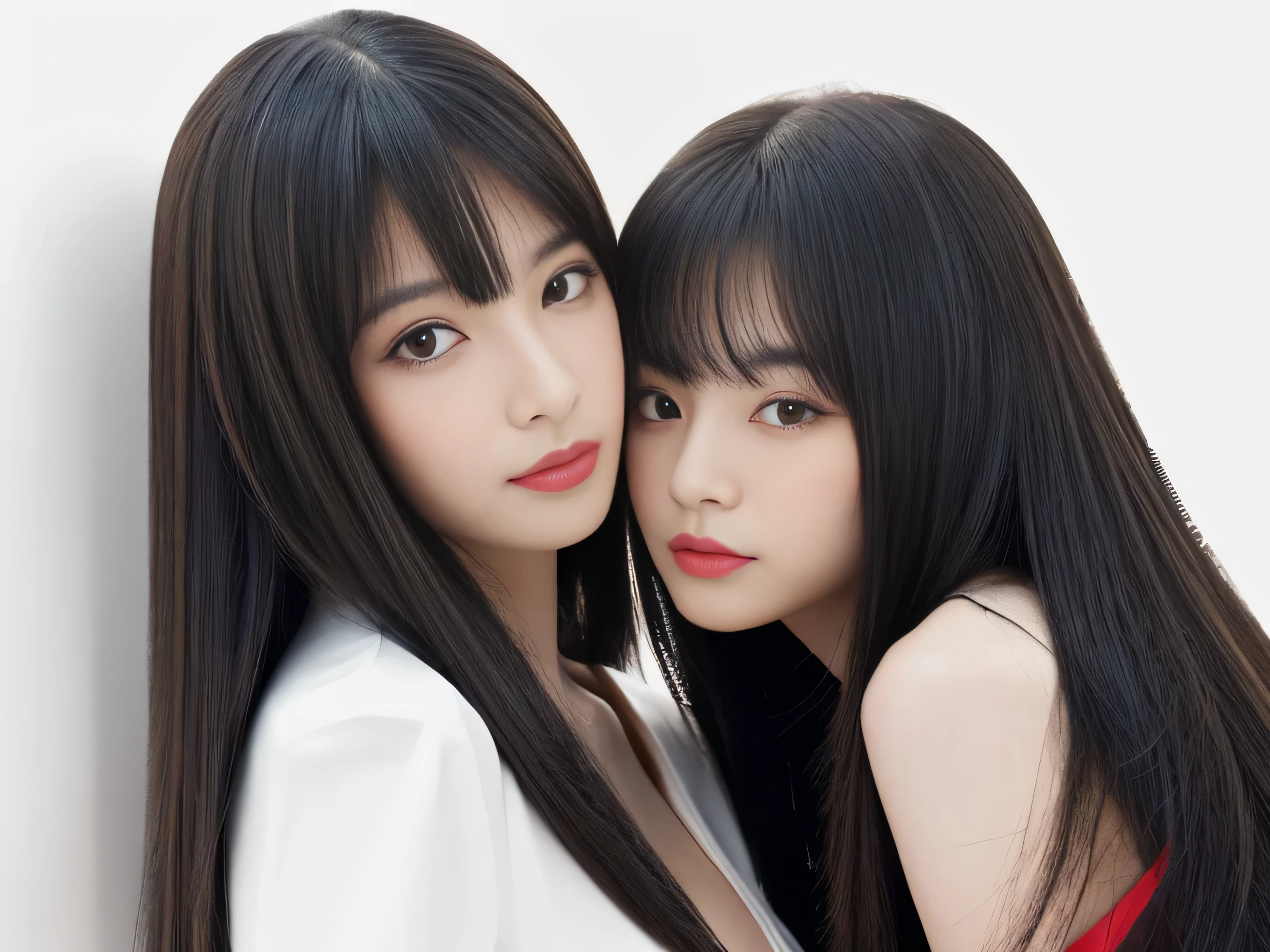 (Two identical twin hair models in the same space are hugging each other, closing their eyes and kissing) ((Two people kissing at the same time:2.0 photographed from chest up)) (The two are identical clones, Wear the same clothes, stop temporarily, Hairstyle, exterior.:1.5) ((Beautiful 18-year-old model with long black hair, girl with super length Hair, extremely length Hair, extra length Hair, very long, Flowing Hair, very length Hair, length Hair girl, very long, Flowing black hair, length Hair windy, Very long black hair, length, Flowing Hair,Incredibly long-lasting hair, length Hair!!!! Her highest quality hair is long and straight., very long, highest quality black hair, length hair in the center, Highest quality long straight hair, length, straight, beautiful, High quality hair, length and free black highest quality straight hair, length Hair, length and straight, highest quality black hair, Perfect silky straight hair of the highest quality, straight, highest quality black hair, length black straight hair, length, Thin black hair Her hair is long and straight, very long black hair, length hair in the center, length straight hair, length, straight, beautiful hair of the highest quality, length Hair, length, straight black hair, length and free straight black hair, straight black hair)) (Her bangs are perfect.:1.3) (Pure white wall background:1.8) (Japan's most sexy and beautiful 18-year-old beauty model) ((highest quality)), ((masterpiece)), (Familiar) (Get used to it) Perfect Face (Her skin is a typical Japanese skin color.....、And very detailed) (Big Breasts:1.3) (She has a beautiful face and a typical Japanese figure...., Narrow eyes) (She has perfect beautiful makeup and face Lipstick is light red A solid eyeliner) ((Rich 1.4)) (Extremely detailed 8K) (Ultra-fine skin texture 1.4) (Actual, Vibrant:1.4), double eyelid Sharp focus:1.2、Beautiful woman:1.4 Dynamic Lighting (Genuine RAW photos taken by professional photographers) Professional Hair Shine. (She has a bright and cheerful face) (((途方もなくlengthBlack hair 1.3))) (length, Shiny black hair, その女性はlengthBlack hairをしている, lengthBlack hair, Waist-length hair, very lengthBlack hair, thick shining black hair, black silky hair, length and shiny hair, lengthBlack hair, length, Flat Hair Ridiculously long hair, Black shiny hair, Very shiny, Abnormally long hair, 厚く輝く異常にlengthBlack hair,Jet black silky hair Her hair is とてもlength and straight length, Voluminous black hair that reaches down to her ankles unusually long black hair, unusually long black hair, Very long black hair) (Her face is slim and dignified.., length, Narrow eyes..々Nice face) (They are'They're both wearing the same white lingerie:1.5)