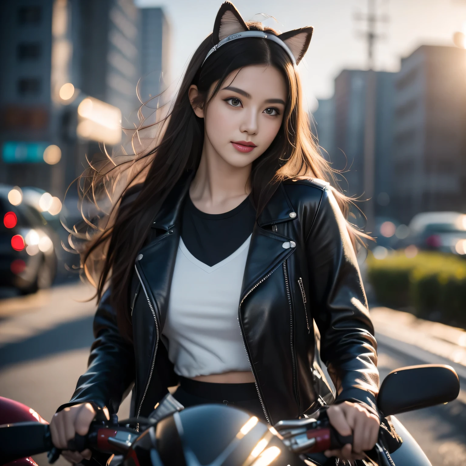 black hair, hair bobbles, wince, longeyelashes, solid circle eyes, fake animal ears, light smile, ear blush, fang, Surrealism, drop shadow, anaglyph, stereogram, tachi-e, pov, atmospheric perspective, 8k, super detail, ccurate, best quality, award winning, best quality, highres, high quality, high details, super detail, anatomically correct, textured skin, ccurate, masterpiece, retina, UHD，A man in a leather jacket、Woman wearing helmet sitting on motorcycle, Sitting on a cyberpunk motorcycle, background artwork, Beautiful digital art work, Style Numbers, epic digital art illustration, Digital illustration style, 4K Fine Digital Art, 4k detailed digital art, 4k hd wallpaper illustration, Deviantart Art StationCGSCOSIETY, Stunning digital illustrations