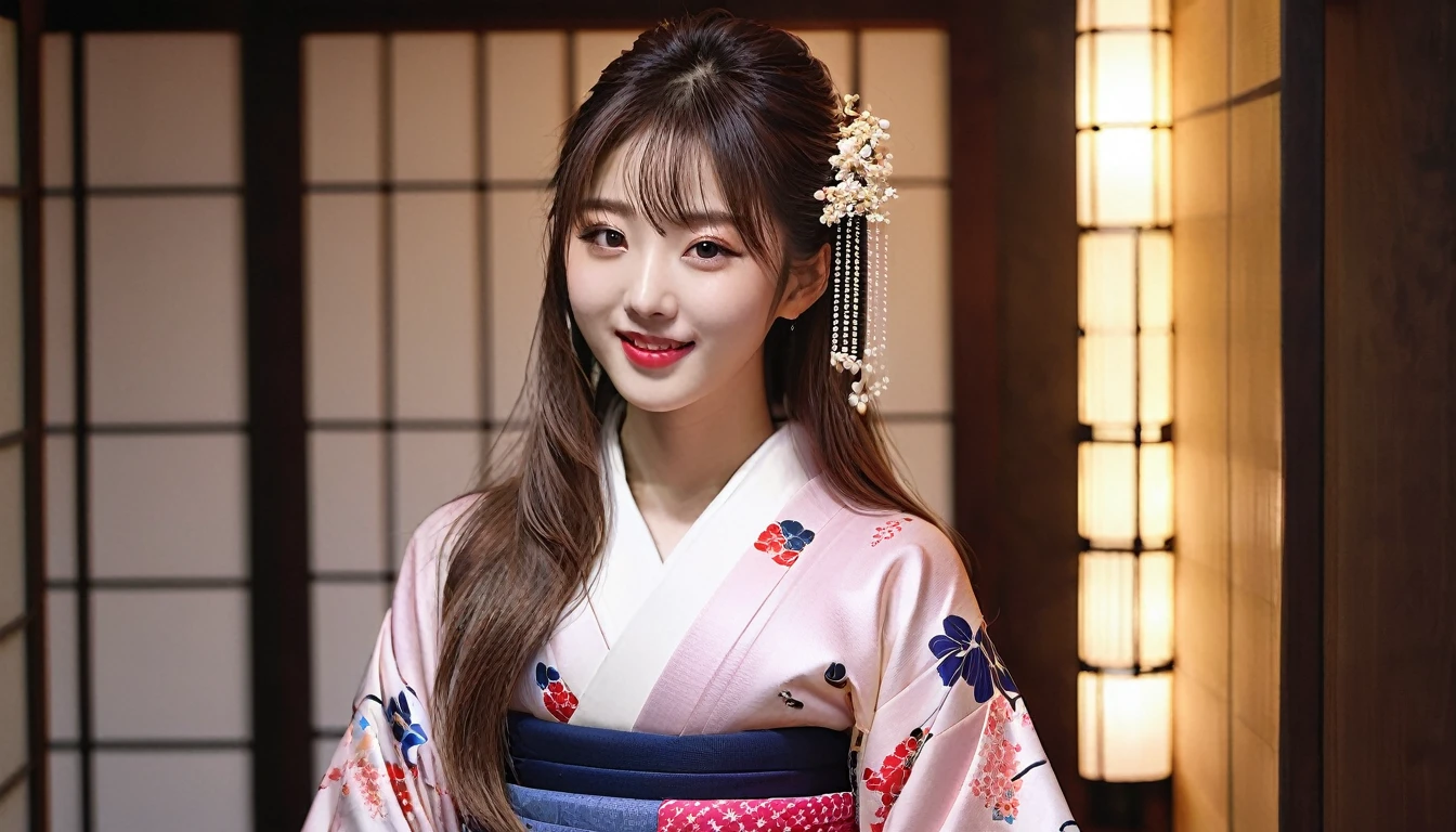 masterpiece、1 beautiful girl、Fine grain、Puffy eyes、highest quality, 超A high resolution, (reality: 1.4), Cinema Lighting、Japanese、Asian Beauty、so beautiful、Beautiful Skin、thin、lipstick、Lip gloss、Heavy makeup、Body facing forward、(超reality的な)、(High resolution)、(8k)、(Very detailed)、(beautiful Fine grains)、(Very detailed)、 (wall-)、Detailed face、Bright lighting、Professional Lighting、Looking at the audience、Look straight ahead、Japanese style kimono、Long Hair, Beautiful Hair, Asymmetrical bangs, 、Night view、Brown Hair、Japanese Idols、Korean Idol、Fiery idol pose、、21 years old、expensive, smile, City of night、