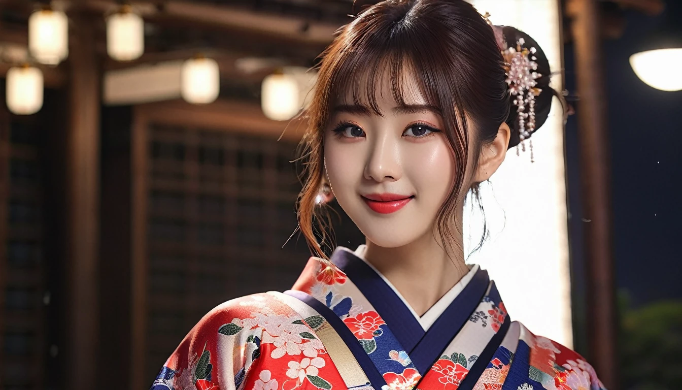 masterpiece、1 beautiful girl、Fine grain、Puffy eyes、highest quality, 超A high resolution, (reality: 1.4), Cinema Lighting、Japanese、Asian Beauty、so beautiful、Beautiful Skin、thin、lipstick、Lip gloss、Heavy makeup、Body facing forward、(超reality的な)、(High resolution)、(8k)、(Very detailed)、(beautiful Fine grains)、(Very detailed)、 (wall-)、Detailed face、Bright lighting、Professional Lighting、Looking at the audience、Look straight ahead、Japanese style kimono、Long Hair, Beautiful Hair, Asymmetrical bangs, 、Night view、Brown Hair、Japanese Idols、Korean Idol、Fiery idol pose、、21 years old、expensive, smile, City of night、
