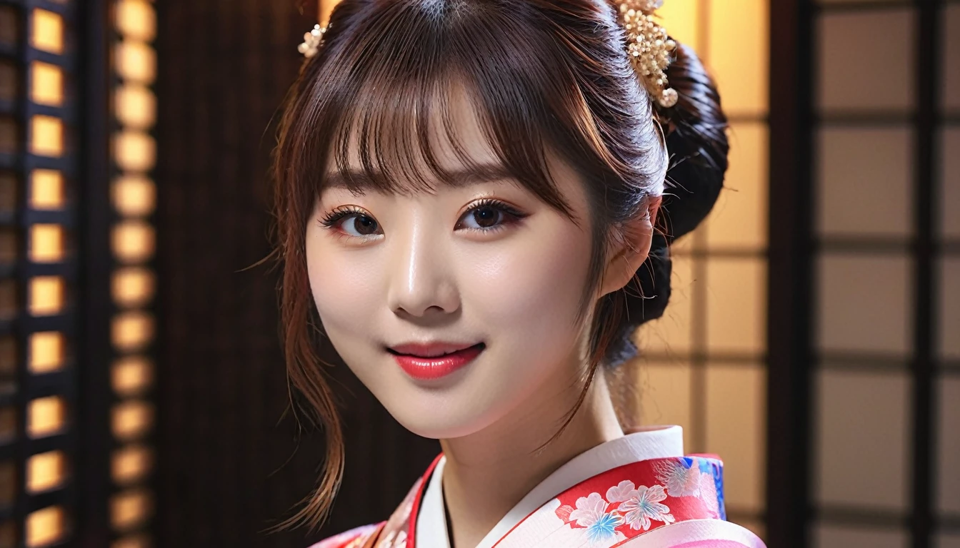 masterpiece、1 beautiful girl、Fine grain、Puffy eyes、highest quality, 超A high resolution, (reality: 1.4), Cinema Lighting、Japanese、Asian Beauty、so beautiful、Beautiful Skin、thin、lipstick、Lip gloss、Heavy makeup、Body facing forward、(超reality的な)、(High resolution)、(8k)、(Very detailed)、(beautiful Fine grains)、(Very detailed)、 (wall-)、Detailed face、Bright lighting、Professional Lighting、Looking at the audience、Look straight ahead、Japanese style kimono、Long Hair, Beautiful Hair, Asymmetrical bangs, 、Night view、Brown Hair、Japanese Idols、Korean Idol、Fiery idol pose、、21 years old、expensive, smile, City of night、