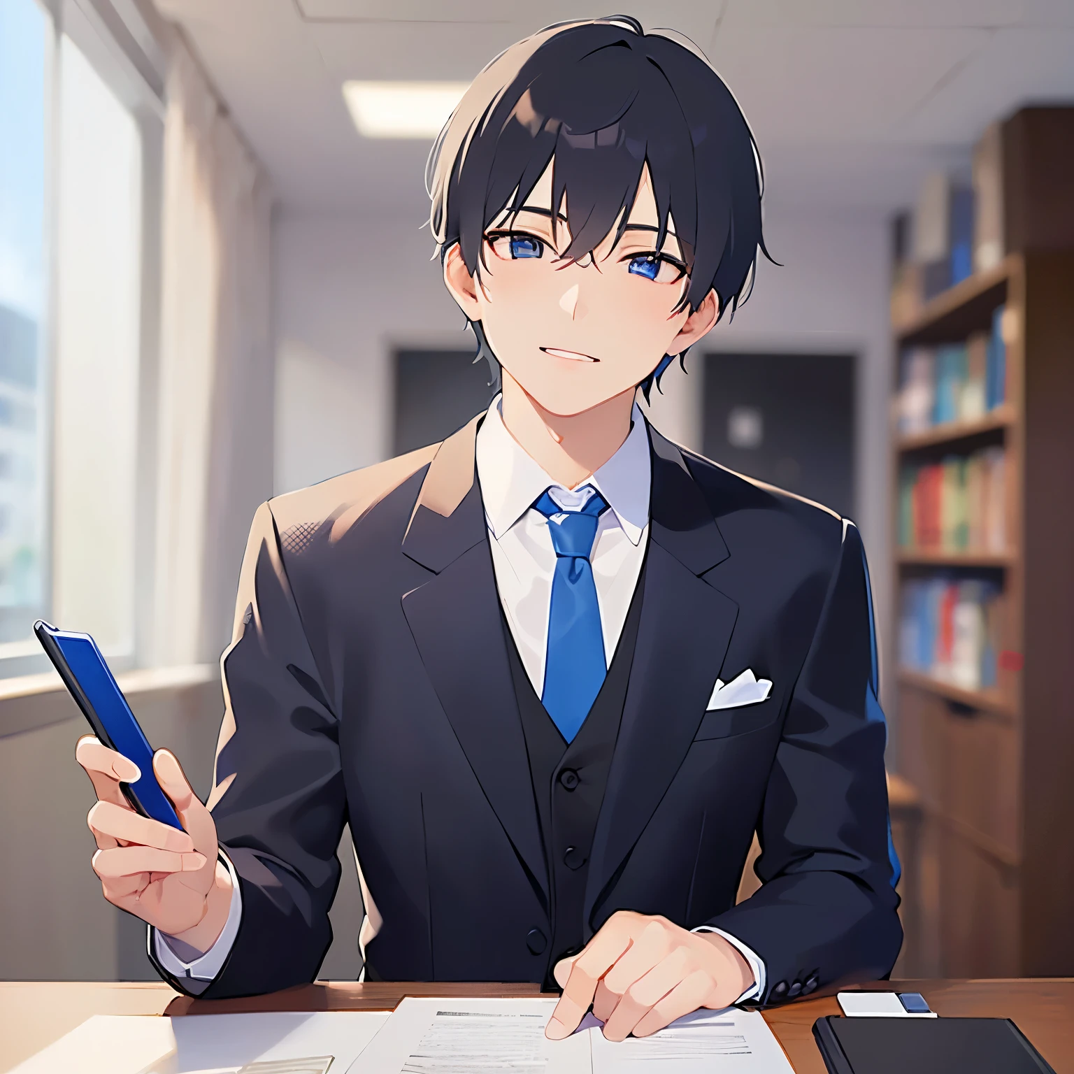 upper body、masterpiece、highest quality、(25-year-old male:1.5) and (Black short hair) and (blue eyes), (Wearing a suit:1.5) and (White collared shirt) and (Blue tie)、Sitting、smile、The background is the office、(Alone:1.5)