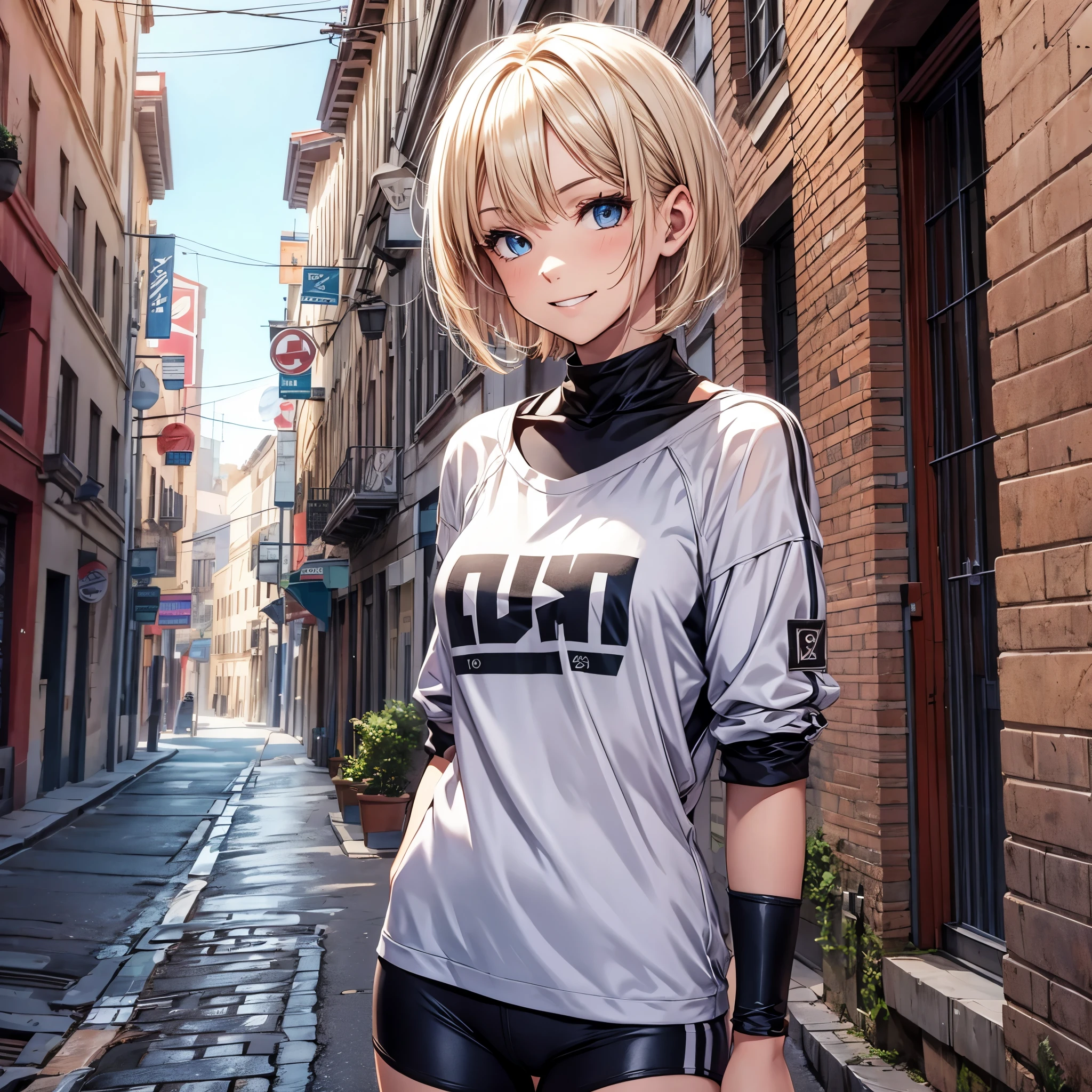 One 16 years old girl,full body,grin,Blonde Short bob hair,oversized tops,Five quarter spandex,