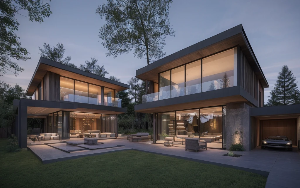 modern house, large yard, beautiful view, surrounding trees, (Single storey house planlat roofs,large windows,wood materials,concrete and glass,glass railings,surrounded by trees,lawn ,large sliding glass doors, large outdoor fireplace, beautiful flat roof, linear straight line, sunset light, neutral colored lights, beautiful, cloudy sky, landscape,plain terrain, RAW photo, subject, 8k uhd, dslr, soft lighting, high quality, film grain, Fujifilm XT3