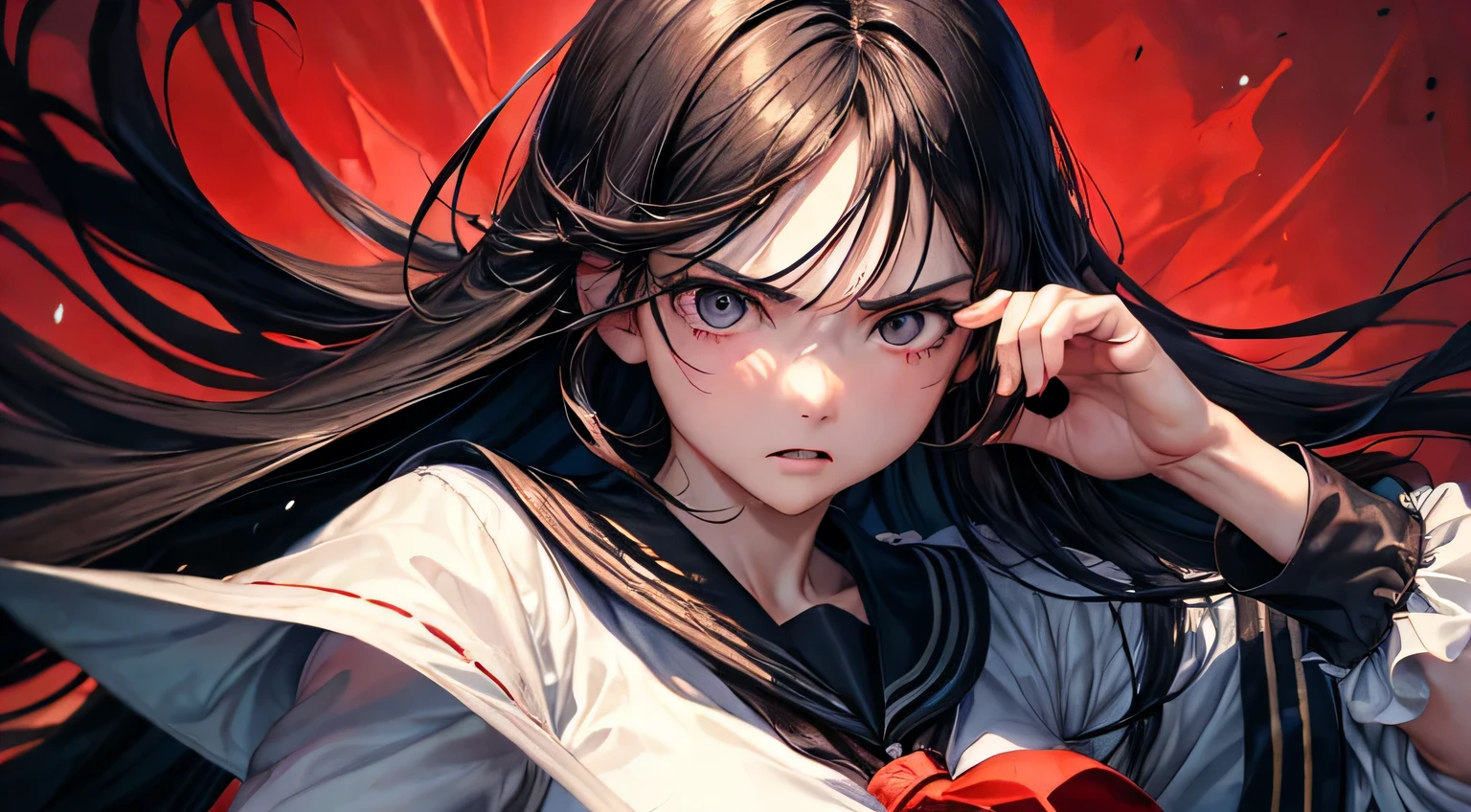 (oil, masterpiece, highest quality, Super detailed, Focus on the characters), Long black hair, ([return:0.8]|[ face facing returnwards:1.1]), Angry face,Sailor suit, ([Hot scenario:1.2]|[ ground:1.3]| [High Contrast:1.1])  