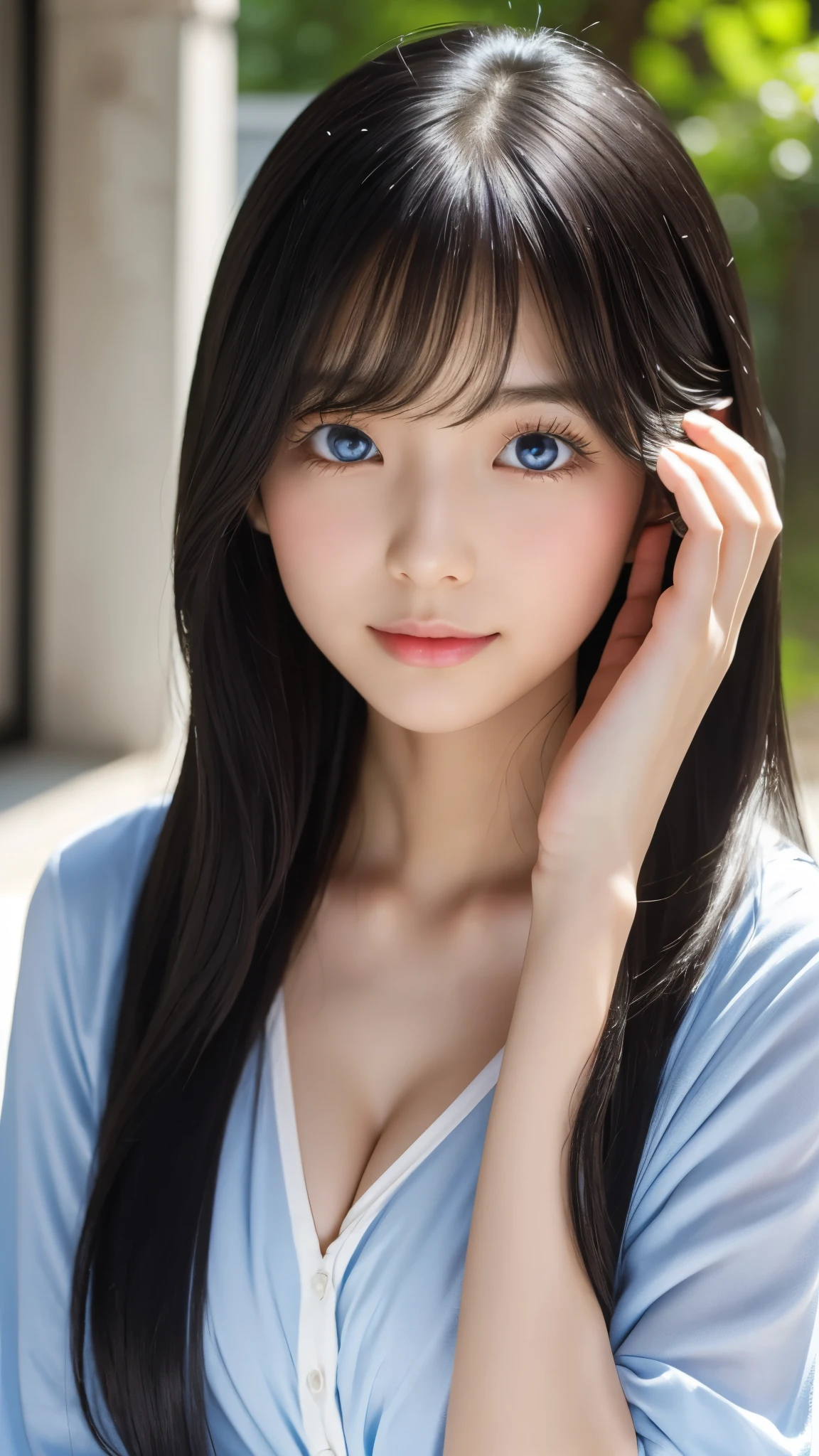 Shining, clear, white skin、Her windblown black hair hides her beautiful face.、huge、Sexy beautiful face of 28 years old、Beautiful straight hair that stands out、growing up, Sparkling light blue eyes、Sexy long silky bangs covering the eyes, Sexy young woman with super long hair hiding her sexy face、Shiny black hair、(((Sexy Woman)))、The cleavage is visible