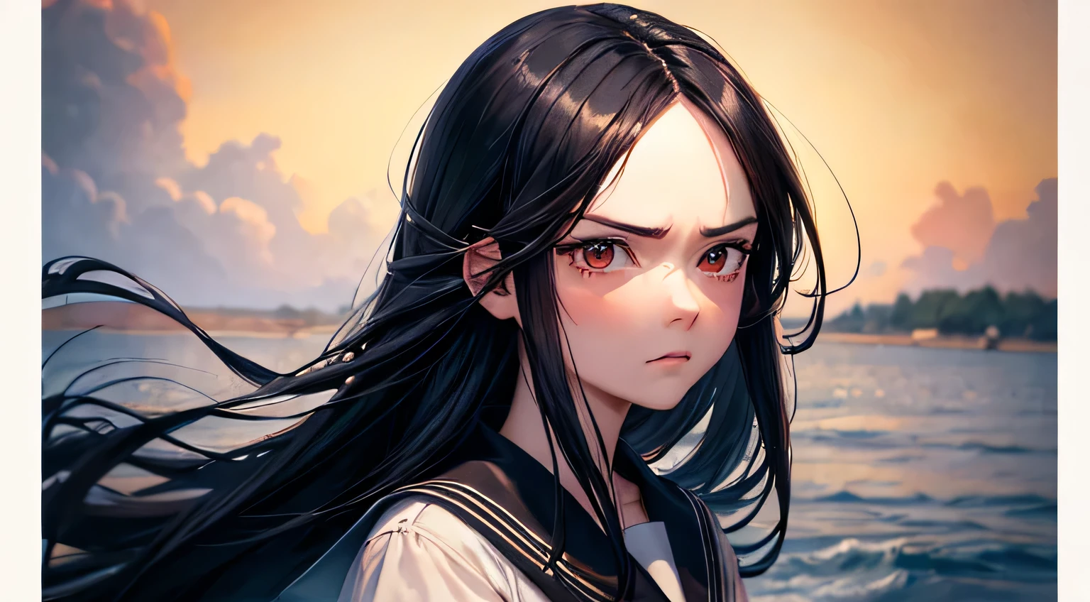 (oil, masterpiece, highest quality, Super detailed, Focus on the characters), Long black hair, ([return:0.8]|[ face facing returnwards:1.1]), Angry face,Sailor suit, ([Hot scenario:1.2]|[ ground:1.3]| [High Contrast:1.1])  