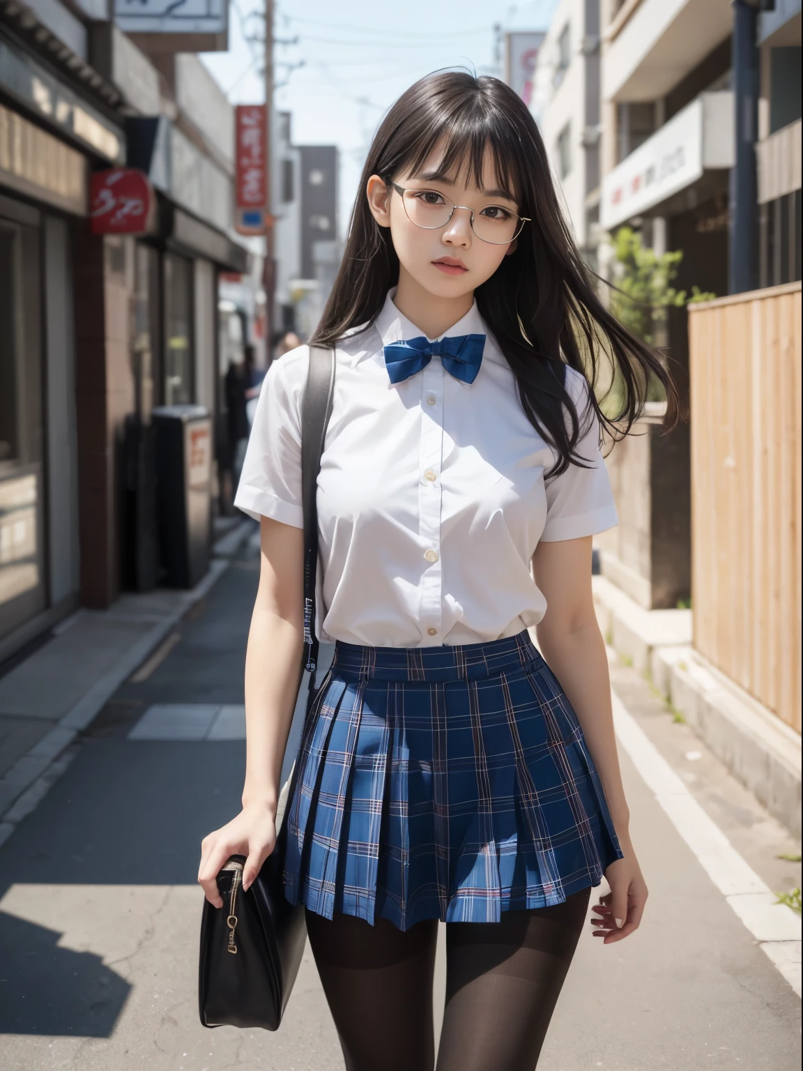 (half up),(Underwear is visible),(8K、Raw photography、top-quality、masterpiece:1.2),glamor,Chromo-white skin,cocky,School,watching at viewers,Looking at the front,Muchimuchi,Erotic,Pupils,de pele branca,kne,Student Bag((Black pantyhose)),absurderes,a small face,,flat breast,Forehead visible,Bangs hanging from the left and right sides of the forehead,(a cold expression,Tight eyes,glares,Bullish,skinny,Rasping,irate)、masterpiece,top-quality、超A high resolution,Raw photo,ren,Beautiful fece,One Person, solo,eye glass,,Dark look,Small breasts,fullllbody,Round glasses,JK ,hi-school girl,A Japanese Lady,is standing,(Photorealsitic:1.37)、Photon mapping,Realistic、Beautie,Cute little face,Brown-eyed、Black socks、(Red bow tie)、Radio City、Physically Based Rendering、depth of fields、Blurry background、a picture,Body,beauty legs, Long legs, Thin leg,(Bangs are visible), hair, s lips, Blue_The eye, nosesoft,(Light blue shirt), (Navy and blue and white plaid pleated skirt), Knees are visible,Sheer clothing,, Thigh, Black cotton socks,Nogizaka Idol, , Japanese ido