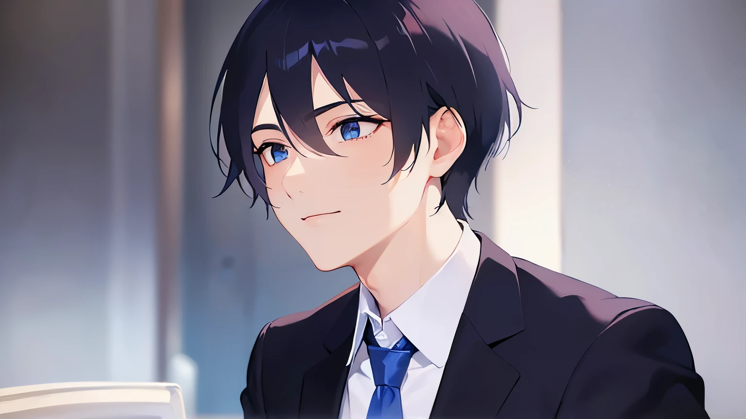 upper body、shiny skin, masterpiece、highest quality、(25-year-old male:1.5) and (Black short hair) and (blue eyes), (Wearing a suit:1.5) and (White collared shirt) and (Blue tie)、Sitting、smile、The background is the office、(Alone:1.5)