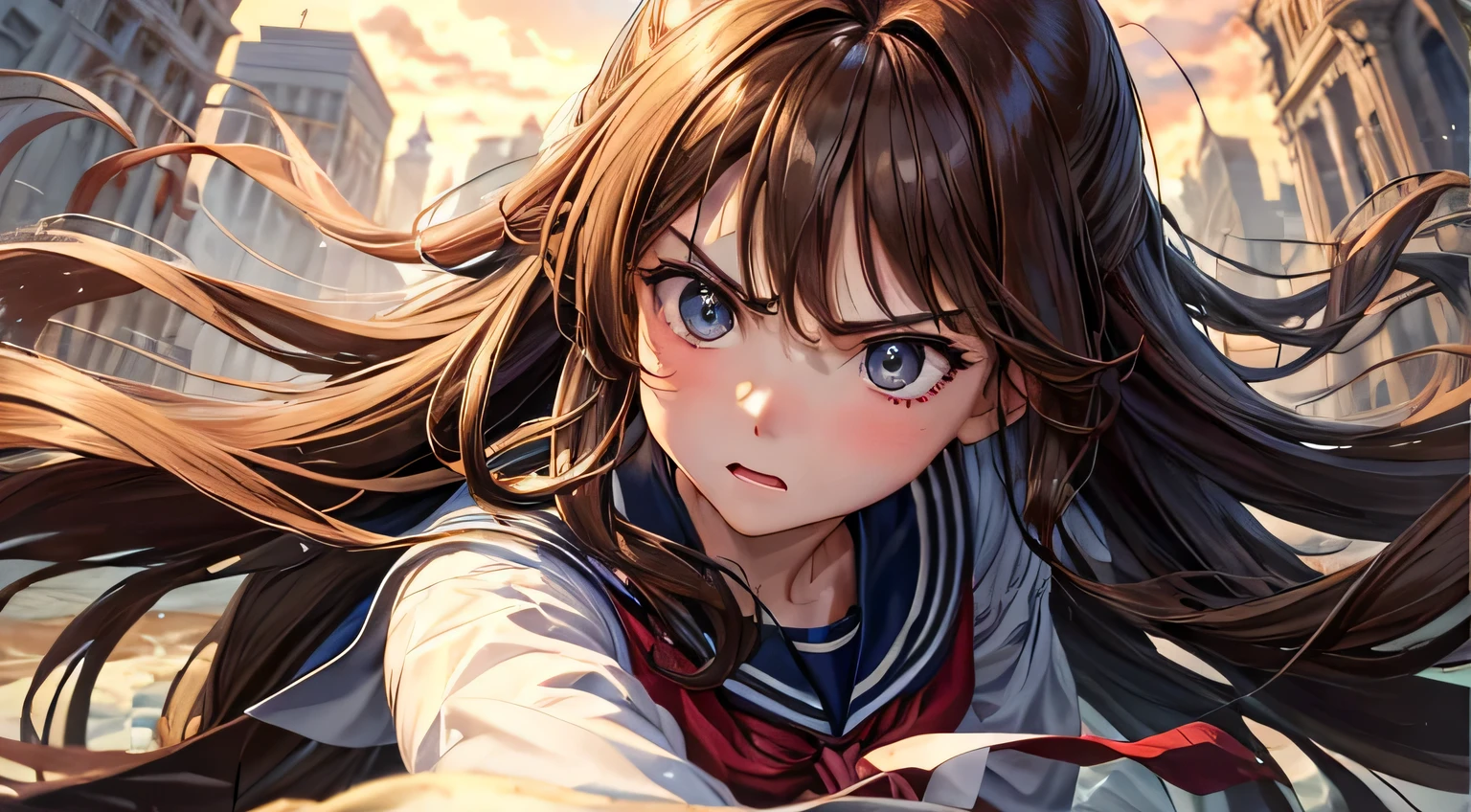 (oil, masterpiece, highest quality, Super detailed, Focus on the characters), Long brown hair, ([return:0.8]|[ face facing returnwards:1.1]), Angry face,Sailor suit, ([Hot scenario:1.2]|[ ground:1.3]| [High Contrast:1.1])  