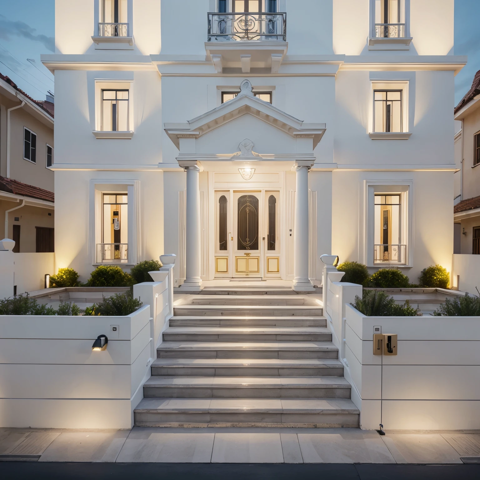 3D design of 3-storey 5m house facade, neoclassical, white eyebrows, yellow light