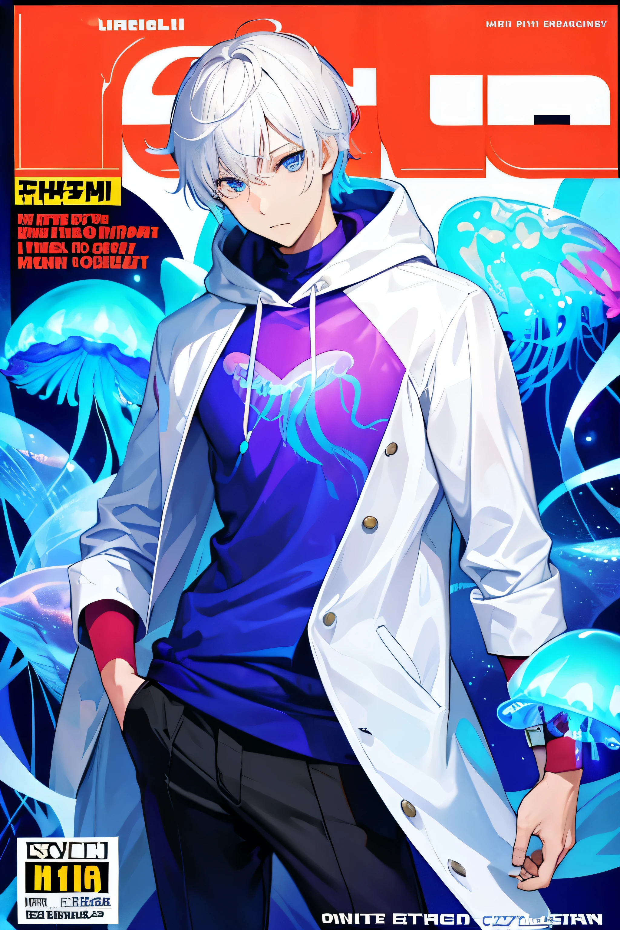 ((masterpiece)), ((best quality)), elements, confident, expression, holding, statement, accessory, majestic, coiled, around, touch, scene, text, cover, bold, attention-grabbing, title, stylish, font, catchy, headline, larger, striking, modern, trendy, focus, (magazine:1.3), (cover-style:1.3), fashionable, boy, vibrant, outfit, posing, front, colorful, dynamic, background, (wearing jellyfish hoodie), trousers, ((white hair)), blue eyes, fashion, (((man))), (solo), short hair