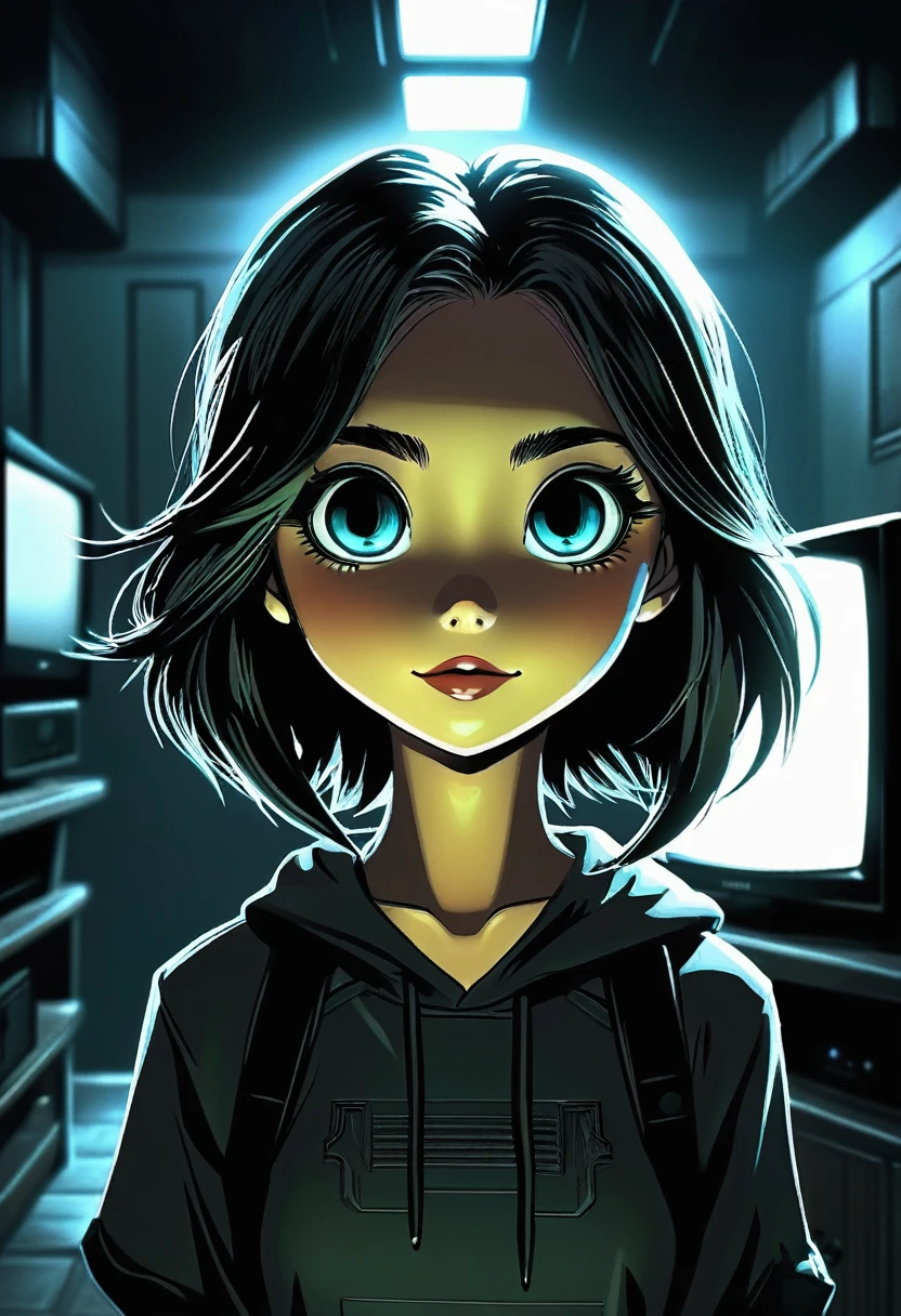 darkened room, TV on, grainy, eerie decor. creepypasta is a scary entity in the form of a girl with very big eyes and a frightening smile... in the style of Elson Peter, Diego Dyer, Peter Mohrbacher, Karol Bak. (focus on 1 full-length frame. focus on 32k hyper hd), (masterpiece , best quality, ultra detail 1.6) (solo, 1 female entity), infused with the essence of the cypherpunk aesthetic.