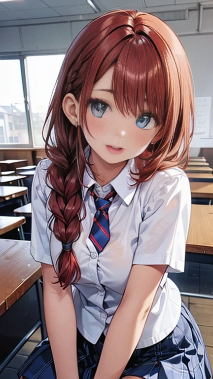 ((highest quality)), ((masterpiece)), (Very detailed), (Very high resolution), 4k, Anime 2D Rendering, Realistic, 
One Girl:1.5, 
BREAK Symmetrical Face:1.4, Perfect Face, Beautiful clavicle, Beautiful fingers, Beautiful breasts, (Slightly smaller chest), 
Beautiful body, Beautiful thighs, Beautiful feet, Perfect round butt, (Detailed skin, Tanned dark skin:1.5, Shiny skin:1.4), 
, cute, (A little years old), 

Double eyelieyebrows, 
(Beautiful and delicate eyes, Sparkling eyes, Dark blue eyes), 
plump mouth, Glossy mouth, 
BREAK Beautiful Hair, Shiny Hair, Hair fluttering, bangs, ((Red hair, Braid)), 
BREAK 

((Collared short-sleeved shirt, White shirt, Blue blazer, Blue plaid pleated skirt, Red tie))、(Black Pantyhose、loafers)、透け感のあるBlack Pantyhose:1.4、loafers)、
Earrings、BREAK Yawn, (Character Focus, breast focus), sit, whole body, (sunlight), classroom
