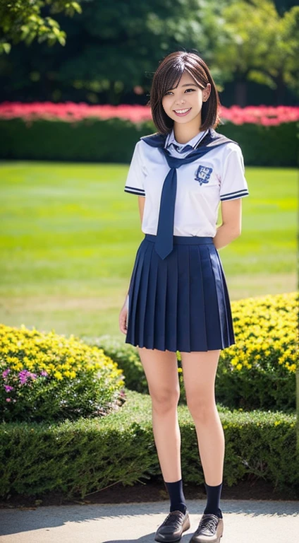 (((Full Body Lesbian)))、((Girls' High School Uniforms))、((１people))、short hair、Close to the topic、((School flower beds)))、(((smile)))、(((Girls' High School)))、((Beautiful girl))、((Sexy pose))、Photorealistic、Beautiful fine details、Hyperrealism、High Contrast、Ultra HD、Realistic skin texture、Best image quality、highest quality、超A high resolution、Fine details、With great care