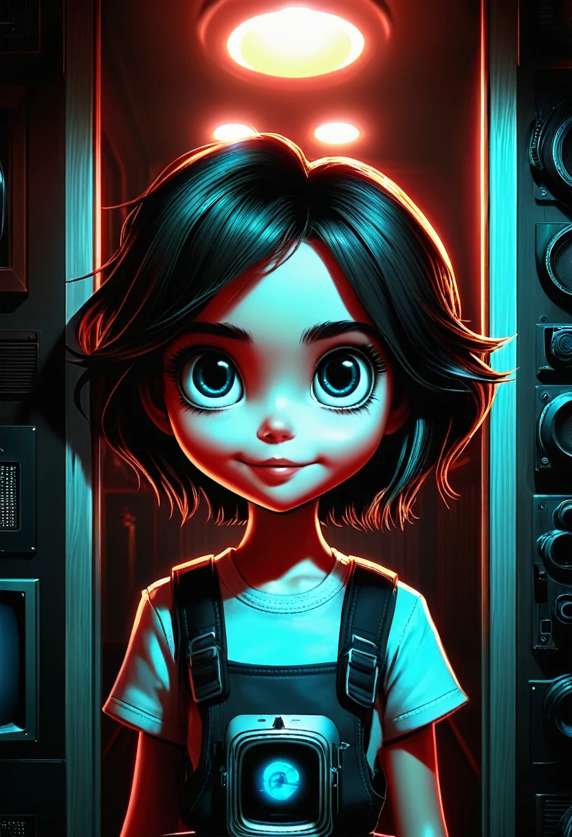 darkened room, TV on, grainy, eerie decor. creepypasta is a scary entity in the form of a girl with very big eyes and a frightening smile... in the style of Elson Peter, Diego Dyer, Peter Mohrbacher, Karol Bak. (focus on 1 full-length frame. focus on 32k hyper hd), (masterpiece , best quality, ultra detail 1.6) (solo, 1 female entity), infused with the essence of the cypherpunk aesthetic.