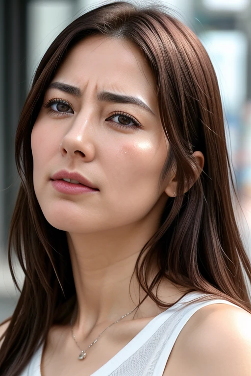 Beautiful Japanese actresses,1 girl,flying debris,,Award-winning photo, Very detailed, Keep your eyes focused, Nose and mouth,Face Focus, Extreme close up of face、 Age 35,Brown Hair、Symmetrical face,Realistic nostrils、Angle from below、Elongated C-shaped nostrils,(Sharp Nose)Sweaty skin、Shiny skin,(Brow wrinkles))(Cum on tongue)、((Thin eyebrows))Oily skin、Glowing Skin、double eyelid、、Beautiful woman、Medium Hair、Shortcuts、Tank top,I can see the sky、Shibuya Center Street、(((Show your side,throw))),Raise your eyebrows, (((Hold your mouth, Frowning, crazy, Frowning))), Textured skin,Long upper arms,((Cry with your eyes open, blush, Drunk, The face of endurance))Squat,Large Breasts,((Always lift your arms and show your sides))Long arms,scowl,smelling, annoyed, sad, sleepy, grimace, endured face