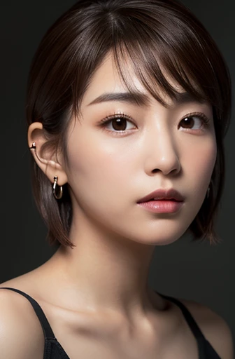 (8k, Realistic:1.4, RAW Photos, Best image quality: 1.4), One Japanese woman, Off-the-shoulder tops, Dark Room, night, Around 60 years old, Aunt, 、Cleavage:1.4, Chest to chest, Sleepy expression, double eyelid, Half-open eyes, Round Nose, Thick eyebrows, Thick lips, Light brown hair, Short cut with lots of hair, Sporty hair, Wearing earrings, Ears hidden by hair
