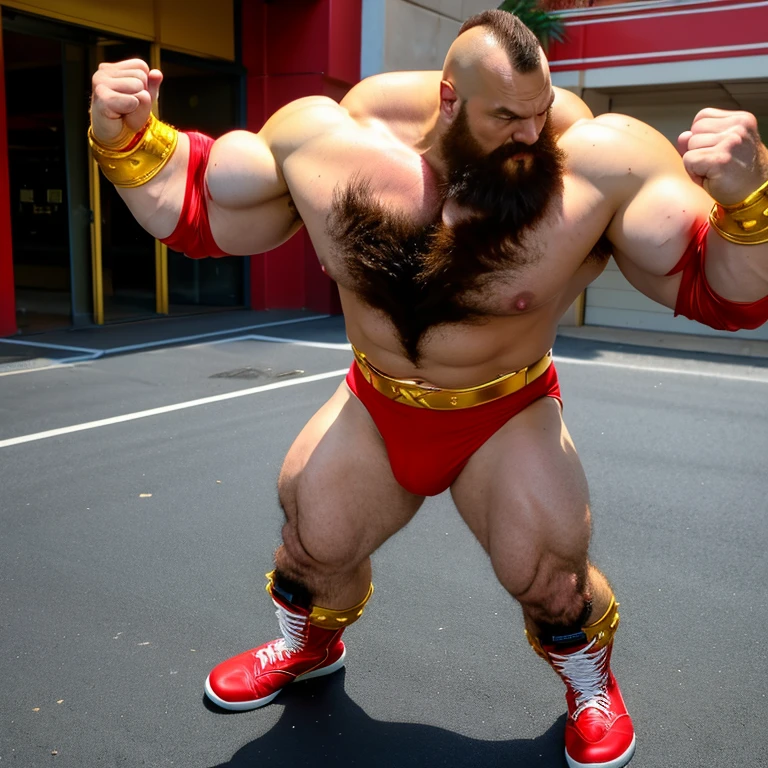 zangief,a man with a beard and a golden belt, fighting game character, street fighter 5,muscled humanoid,heavy looking,buff man,wrestler,Red short briefs,capcom,street fighter,shirtless,muscular male,chest hair,visually weighty,bearded man,mohawk hair,scar,no wristband,Red Wrestling Boots,best quality