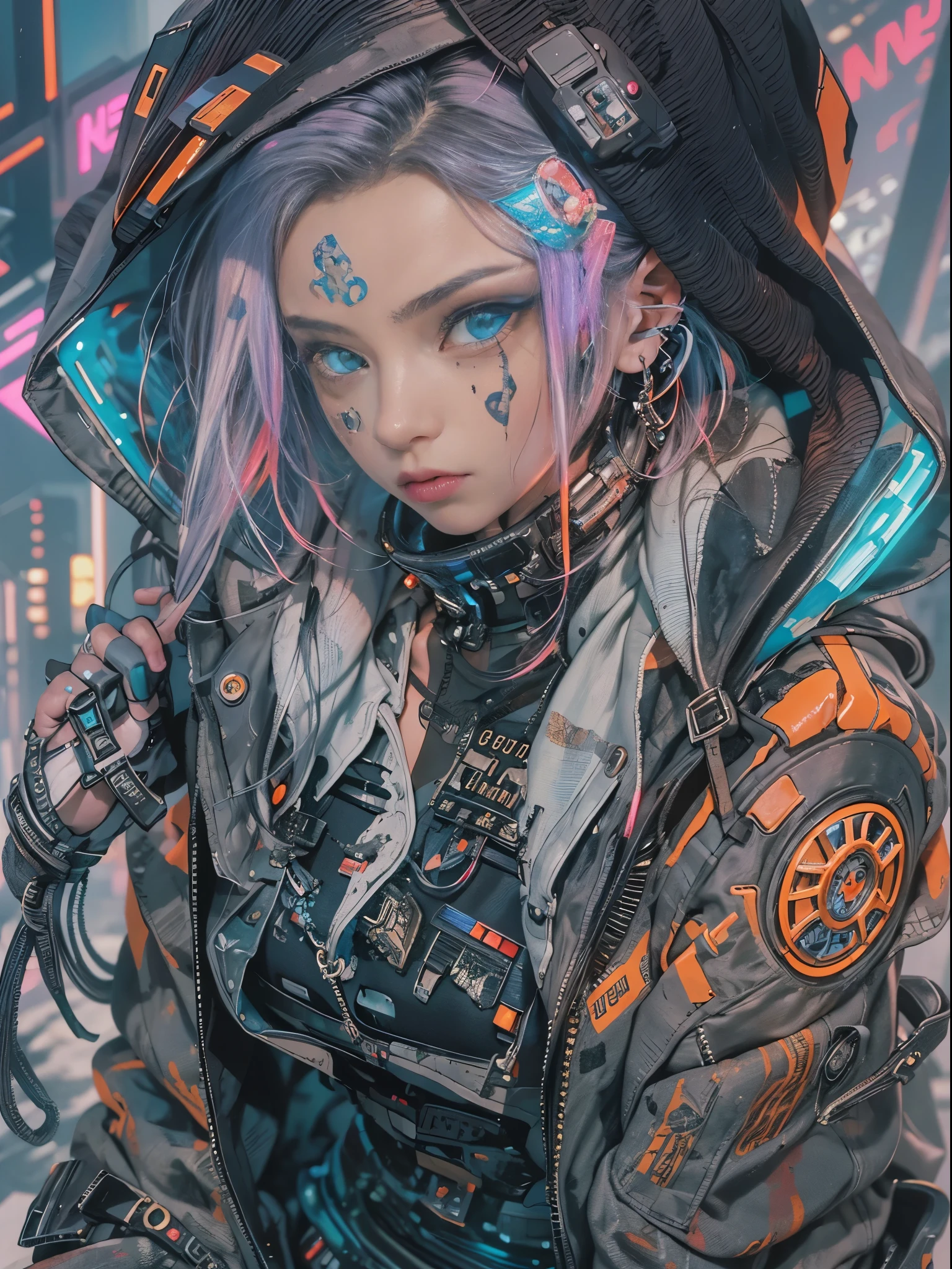 Unbeatable masterpiece, Ultra photo realsisim, Perfect Artwork, Intricate details, Best Quality, strong lights,High contrast,((Post apocalyptic futuristic Cyberpunk , outline):1.35) , ((masterpiece)),((Extremely detailed)) , ((extremely detailed and beautiful face)) , Smoky makeup, Perfectcomposition , intricate detailes , neon light , neon trim, (full body Esbian:1.25) , (Official art) , Very delicately beautiful cyberpunk girl, long orange colored hair blowing in the wind, vibrant blue eyes, long detailed eyelashes, huge enormously gigantic tits, cleavage showing, wearing highly detailed futuristic hooded battle armor, tons of tattoos and piercings(1girl:1.3) , Solo , (glass screen:1.2) , (Clear glass) , Tindall Effect , Colorful refraction , visual impact , (High light contrast) , Colorful , Melt , (Cyberpunk:1.2) ,(flinch :1.4) ,