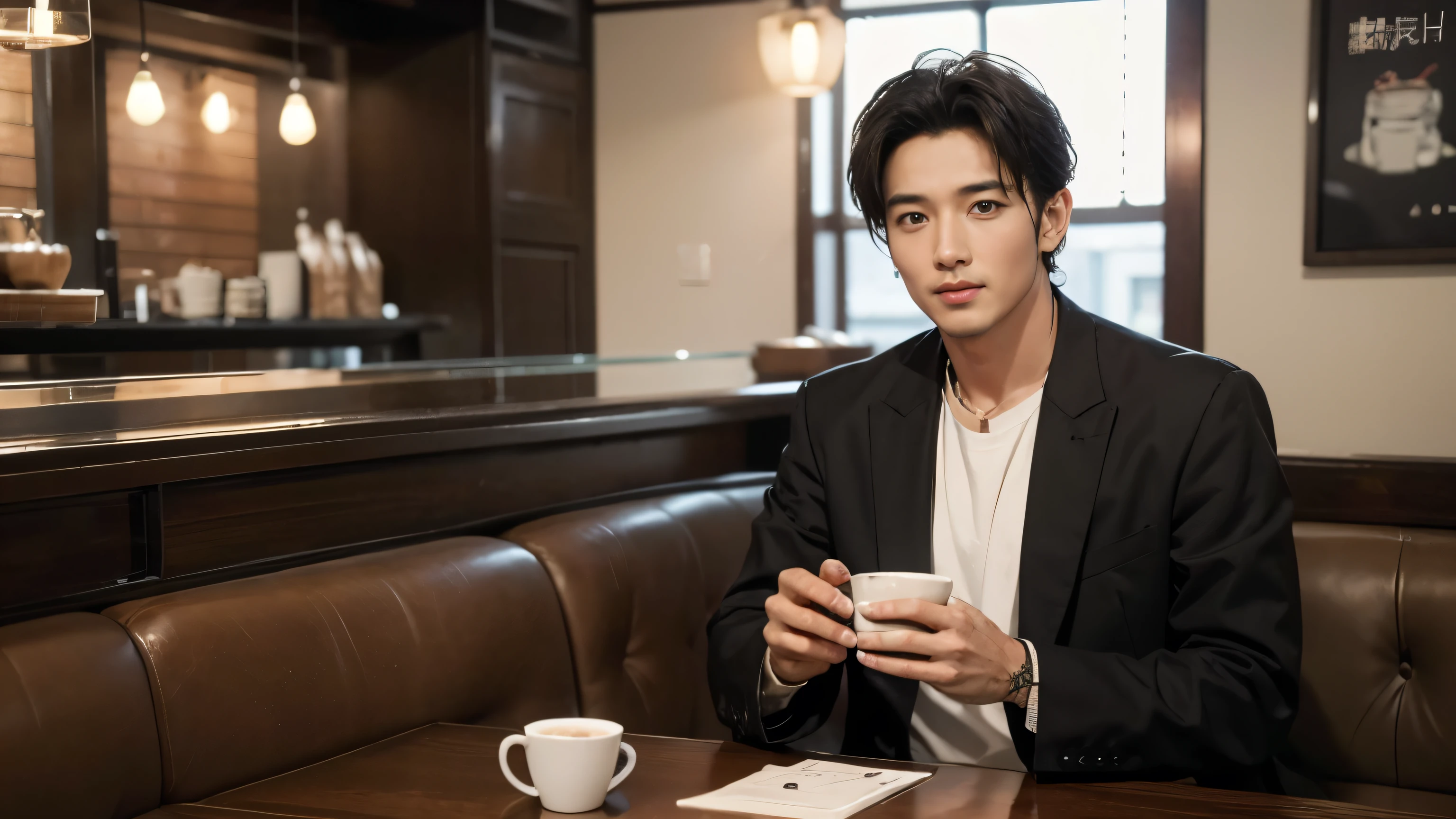 musician、breeze, 40多岁Handsome man、（Super handsome S-class guy）、Japanese man, 40 years old、、Photos taken at the cafe、Handsome man、（CG Unity 8K High Resolution Photos）、（Very detailedＳクラスのHandsome man性）、（Practical）、（best quality））、Very detailed、super high quality、expensive、audience、Good people、Very beautiful hair　Perm、Bright photos、As handsome as a model、As handsome as an idol、Looking at the camera、In a trendy cafe、stubble