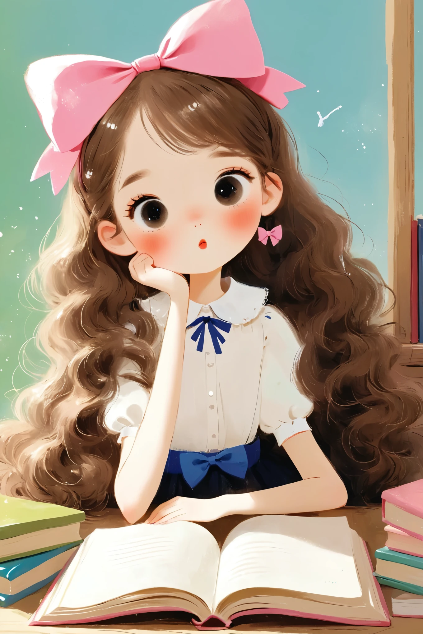 Rough texture，Hand-drawn style。1girl,book,bookmark,bow,brown hair,bubble,eraser,hair bow,holding book,long hair,notebook,open book,pencil,pink bow,reading