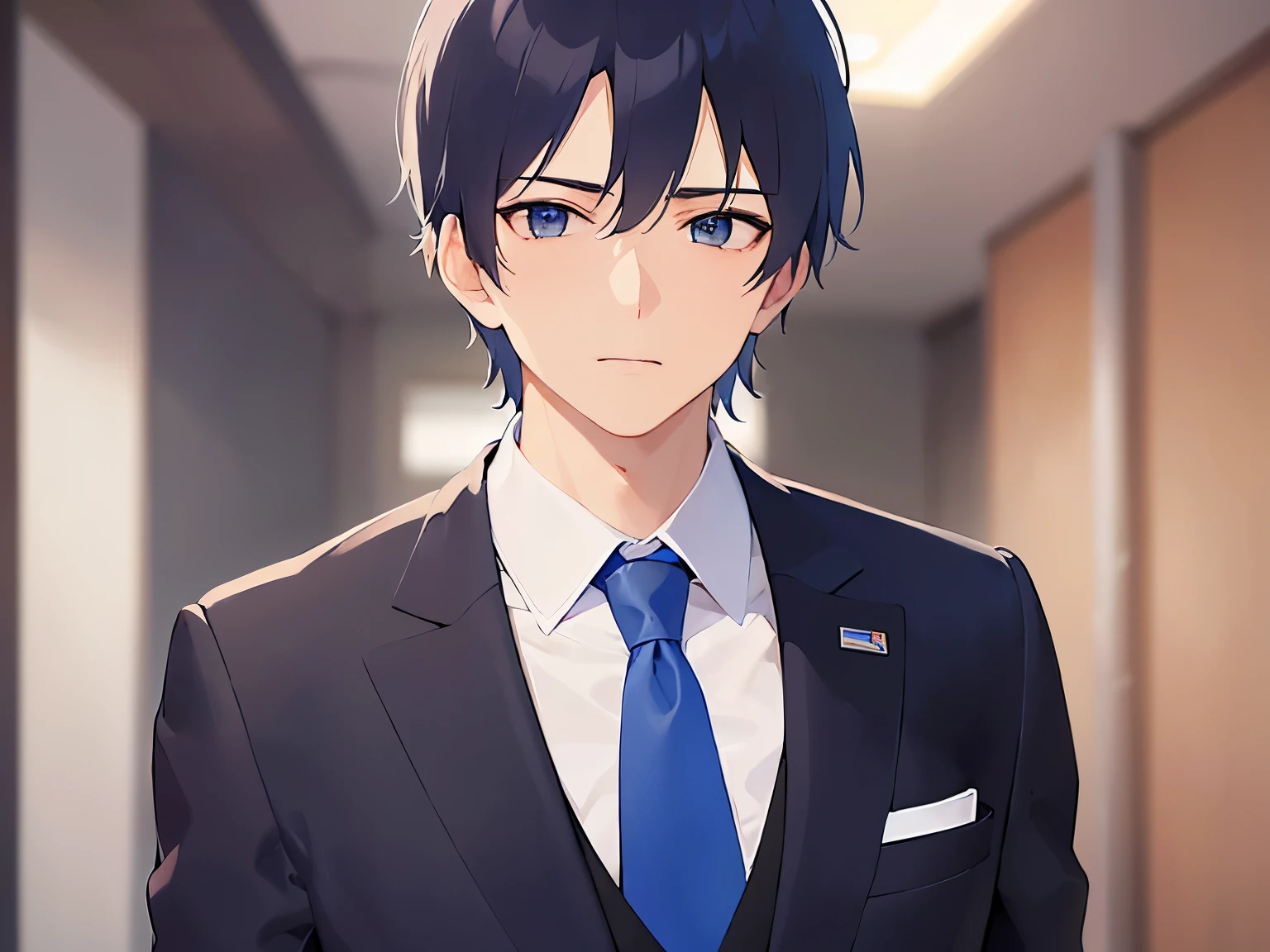 upper body、shiny skin, masterpiece、highest quality、(25-year-old male:1.5) and (Black short hair) and (blue eyes), (Wearing a suit:1.5) and (White collared shirt) and (Blue tie)、Are standing、Bad mood、The background is the office、(Alone:1.5)