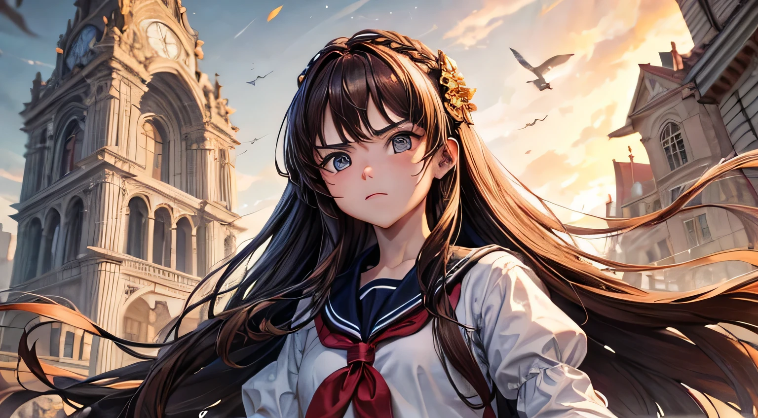 (oil, masterpiece, highest quality, Super detailed, Focus on the characters), Long brown hair, Detailed hair depiction,Silky Hair,([return:0.8]|[ face facing returnwards:1.1]), Angry face,Sailor suit, ([Hot scenario:1.2]|[ ground:1.3]| [High Contrast:1.1])  