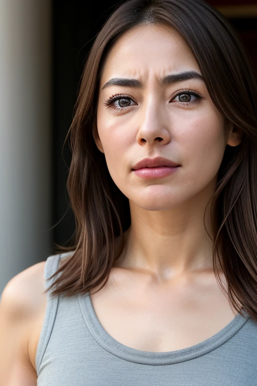 Beautiful Japanese actresses,1 girl,flying debris,,Award-winning photo, Very detailed, Keep your eyes focused, Nose and mouth,Face Focus, Extreme close up of face、 Age 35,Brown Hair、Symmetrical face,Realistic nostrils、Angle from below、Elongated C-shaped nostrils,(Sharp Nose)Sweaty skin、Shiny skin,(Brow wrinkles))（Cum on tongue)、((Thin eyebrows))Oily skin、Glowing Skin、double eyelid、、Beautiful woman、Medium Hair、Shortcuts、Tank top,I can see the sky、Shibuya Center Street、(((Show your side,throw))),Raise your eyebrows, (((Hold your mouth, Frowning, crazy, Frowning))), Textured skin,Long upper arms,((Cry with your eyes open, blush, Drunk, The face of endurance))Squat,Large Breasts,((Always lift your arms and show your sides))Long arms,scowl,smelling, annoyed, sad, sleepy, grimace, endured face