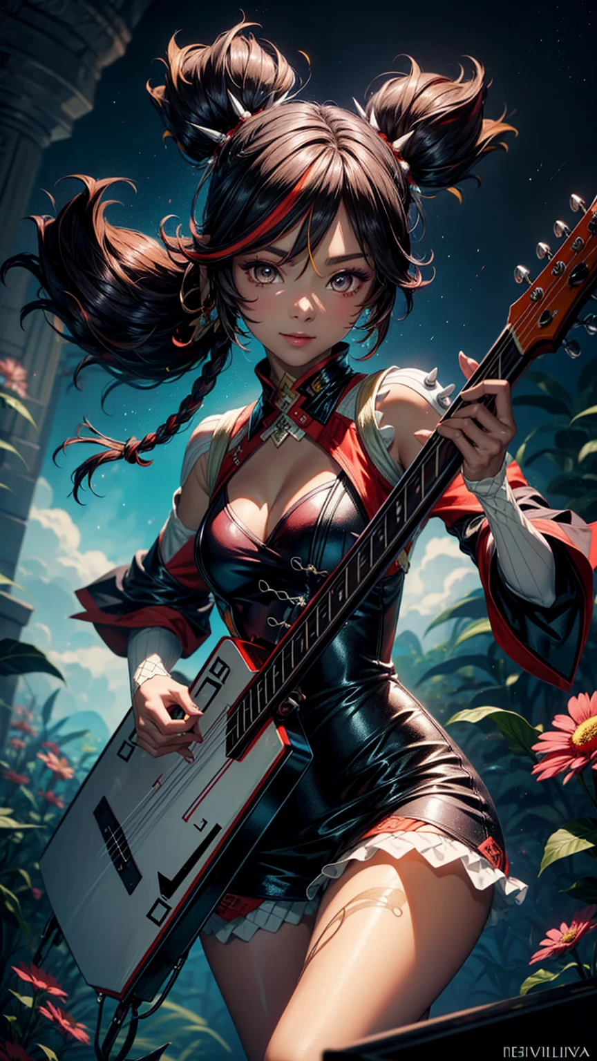 "((fantasy art)) featuring an alien girl, immersed in a heavenly symphony, clouds turn into bright splashes, flowers are scattered, like notes in the wind, visual orchestration of color and wonder" night , full moon"((fantasy art)) featuring an alien girl, immersed in a heavenly symphony, clouds turn into bright splashes, flowers are scattered, like notes in the wind, visual orchestration of color and wonder" night , full moon1 девушка, (One:1.2), ((masterpiece)), [slim], (Small chest), ((detailed eyes)), (bokeh effect), dynamic pose, medium shot, Xinyan, Brown hair, Hair bundles, Red-brown dress, smiling, (Rock 'n' roll theme), (guitar), stage, Xinyandef, rock concert fire on stage, jump with guitar