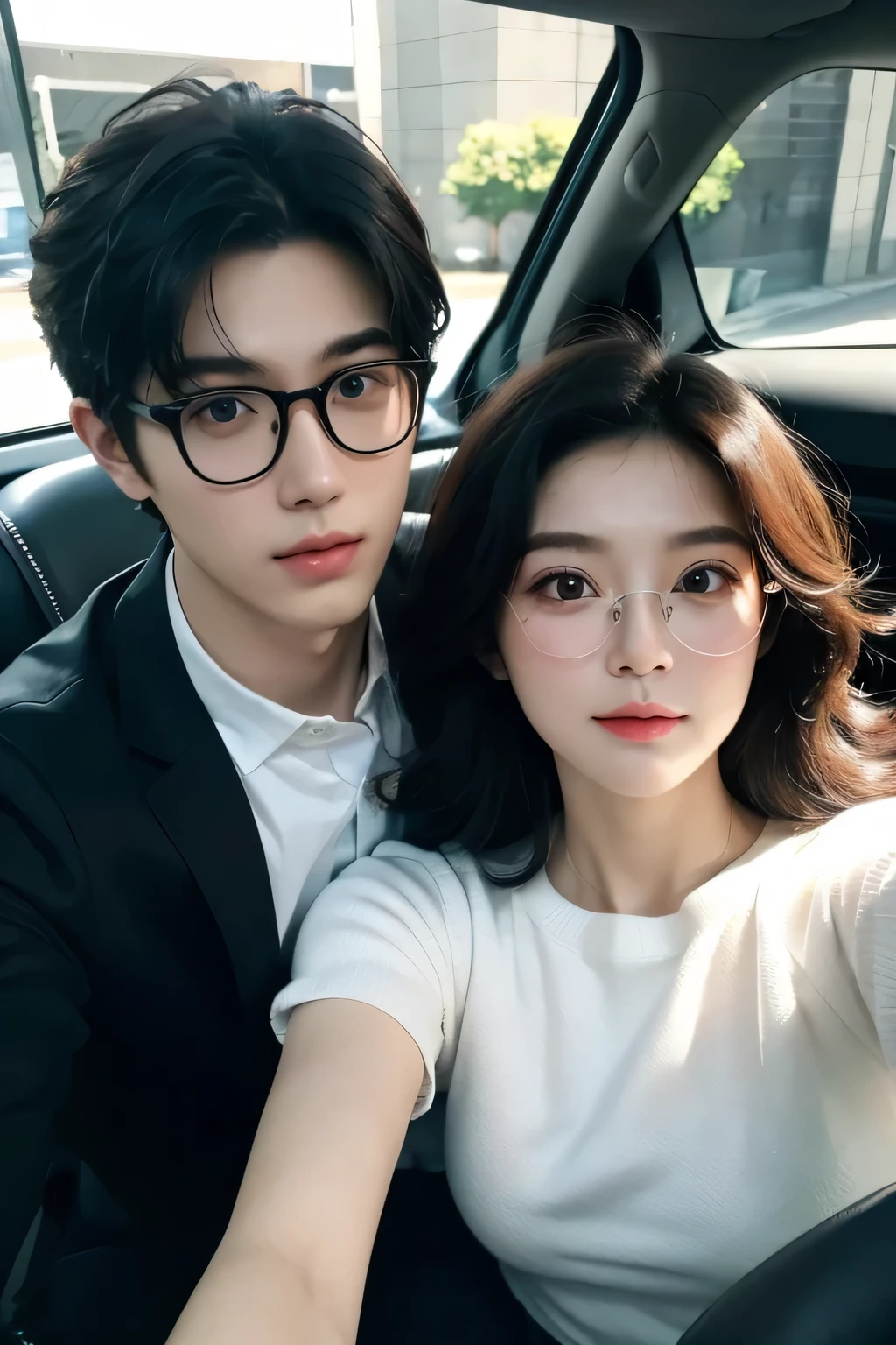 (masterpiece, best quality), 2 people, MALE, extremely realistic, handsome glasses korean young guy, artistic vibe, pale white skin, handsome young guy, black short hair, fluffy curly hair, perfect face, beautiful face, alluring, natural pose, fluffy hair, real pore white skin, beautiful hand, selfie, selca, zoom, only face, detailed face, big monolid eyes, only face, selfie, cool, male, boy, vivid eye look, clear and detailed pore, pore, pore skin texture, natural face selfie, aesthetic, ulzzang vibe, male, guy, in the car, night, smile, monolid big eyes, couple selfie, guy and a long hair girl selfie, 2 people