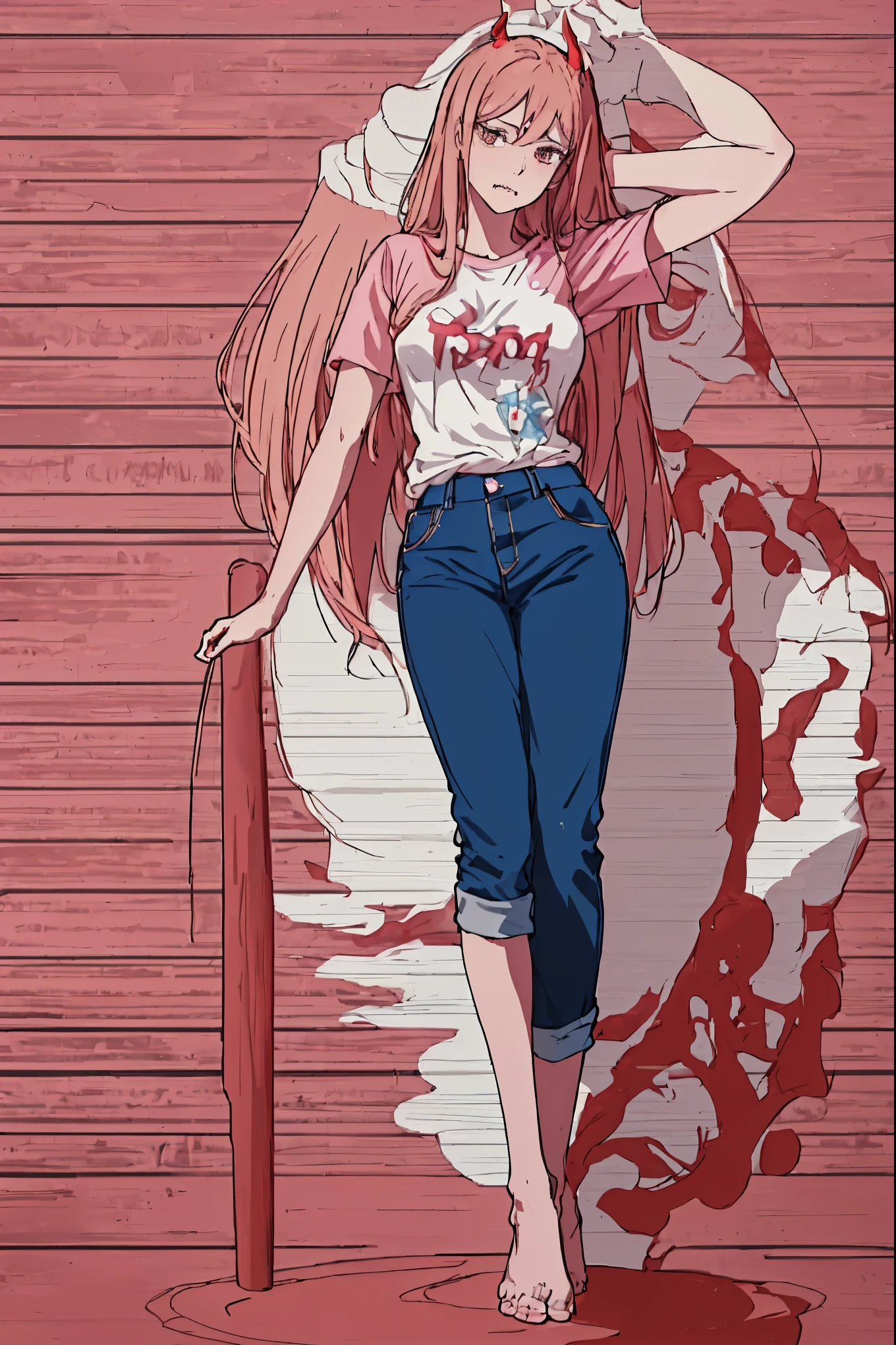 masterpiece，(Pink T-shirt), (contrapposto),  Red Corner, shirt lift, Small breasts, full body, jeans, (masterpiece, Highest quality, 8k, 1 person, A perfectly balanced body, Official Art、highest quality、Unity 8K Wallpaper、32k、masterpiece、Ultra-detailed、超A high resolution、Realistic、Photorealistic:1.2)