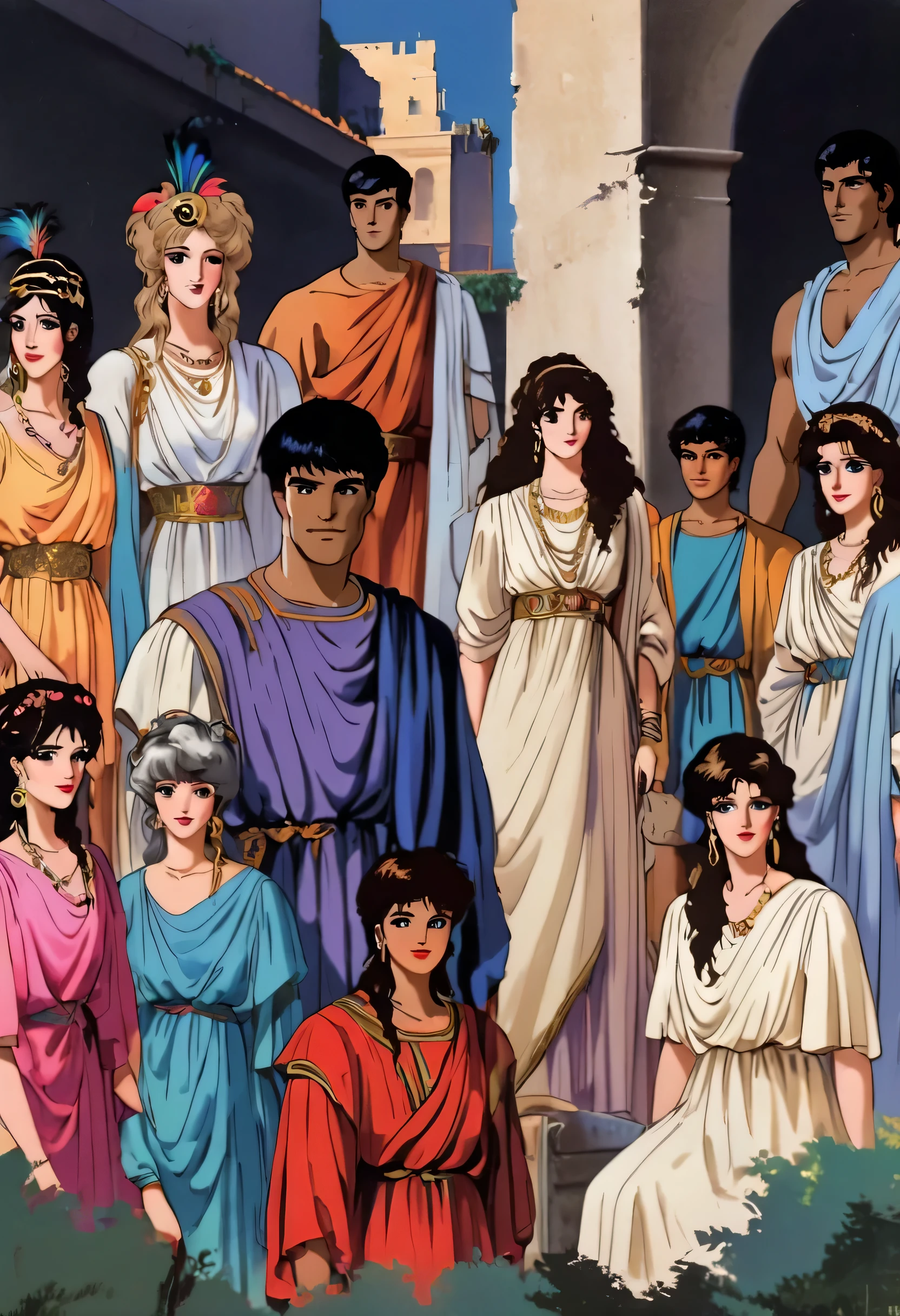 Anime look with 80s style vaporwave highly detailed very accurate ancient classical historical looking authentic accurate lifelike dignified very good looking beautiful and cute looking roman  ancient important large extended roman bigger family group males females husband and his wife older also having included young kids servants in home gardens black- brown haired brown eyed darker mediterranean looking very italian full of life and colors multiethnic ancient Rome icluding some people of color feeling.Accurate Historical Classical Ancient Roman Dress style designs patterns.Bright Rich Lush Vivid Brilliant colors coloring all included in this art