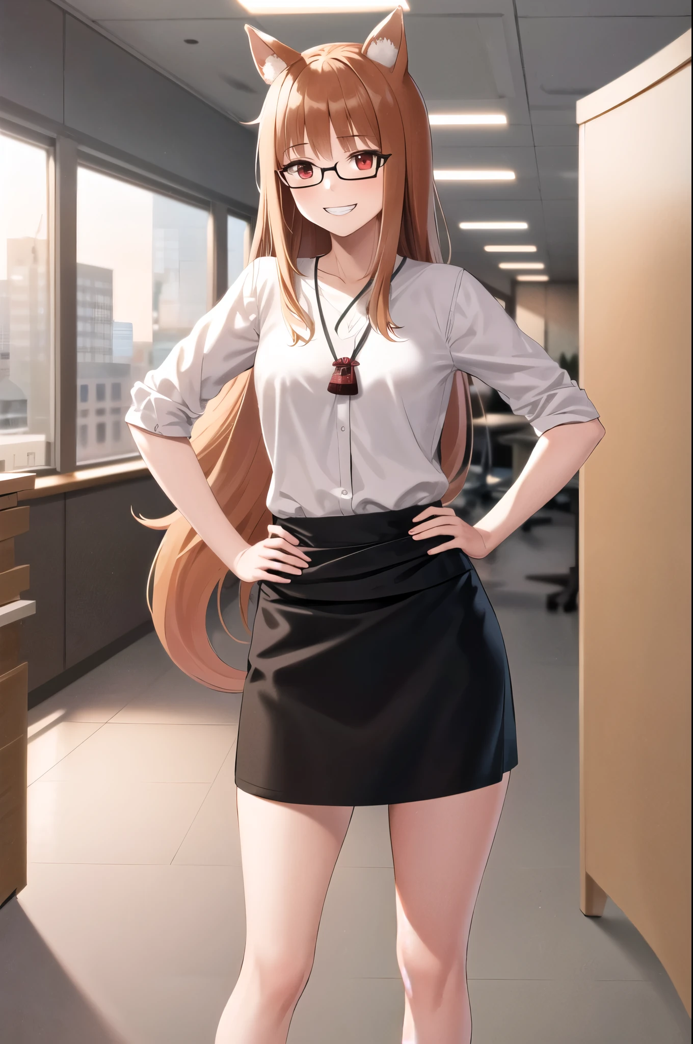 masterpiece, best quality, highres, 1girl, long hair, brown hair, animal ears, red eyes, wolf tail, necklace, (office uniform, white blouse, black skirt, reading glasses), sash, pouch, hand on hip, smile, grin, company office space, standing