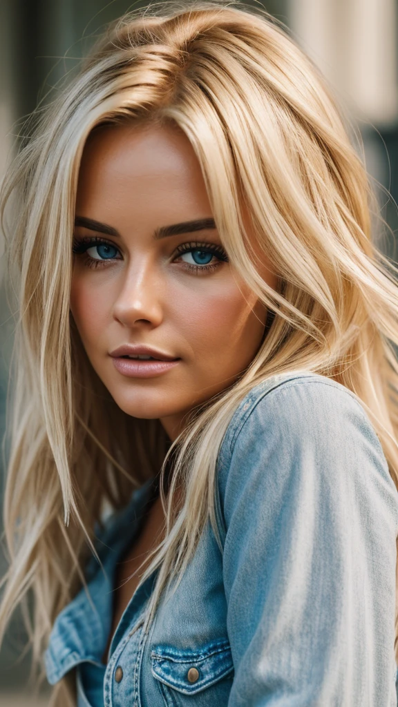 Photorealistic of a insanely beautiful woman with blonde windy messy hair, in the style of panasonic lumix s pro 50mm f/1.4, light beige and dark azure, celebrity images mashups, soft realism, barbiecore, unreal engine 5, 32k uhd, luminous quality, swiss realism, niji 5